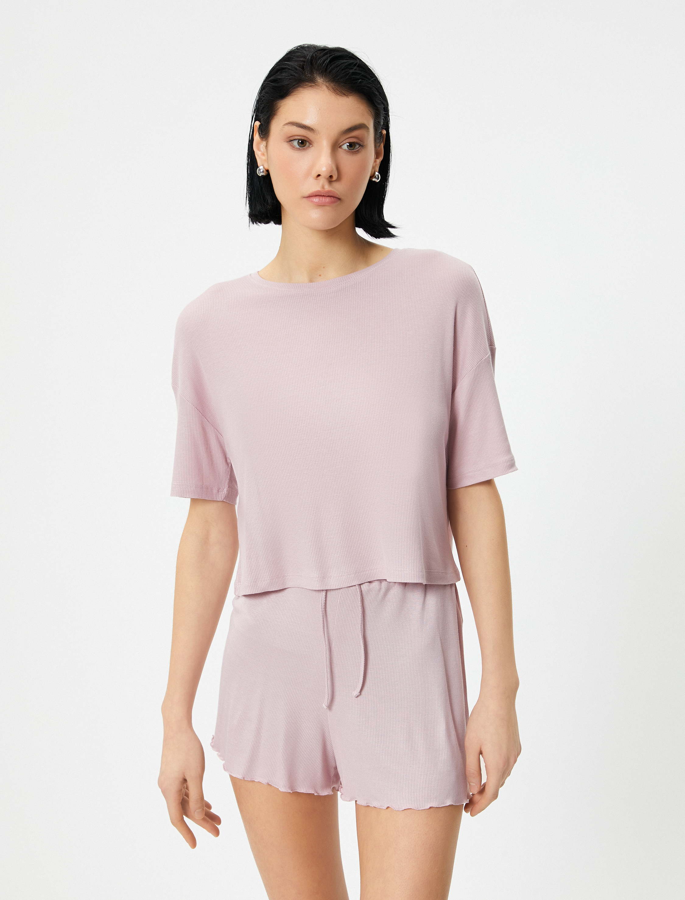   Pijama Üstü Tişört Kısa Kollu Bisiklet Yaka Modal