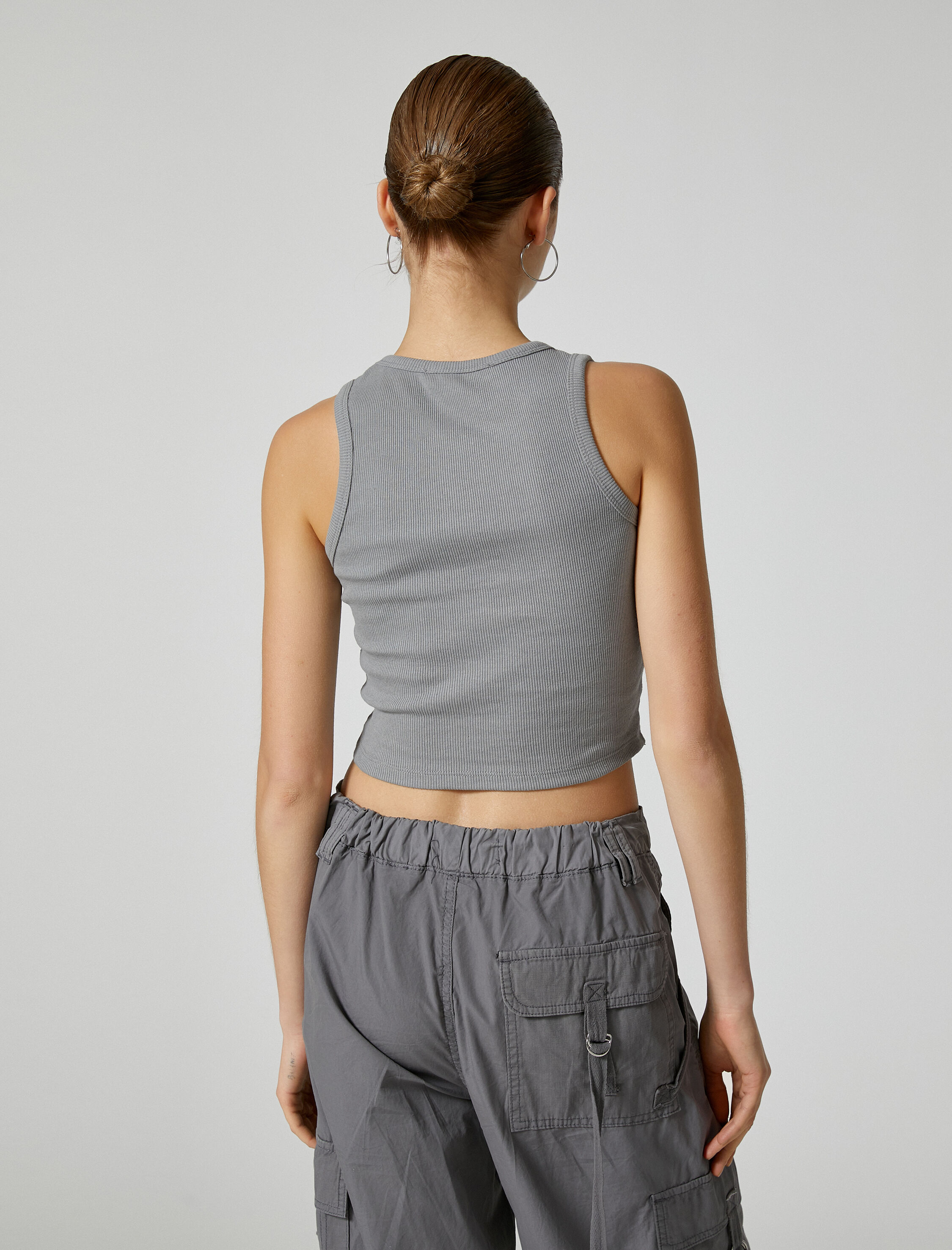   Basic Crop Atlet Bisiklet Yaka Ribanalı Pamuklu