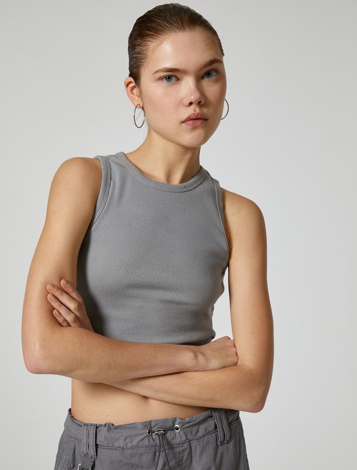  Basic Crop Atlet Bisiklet Yaka Ribanalı Pamuklu