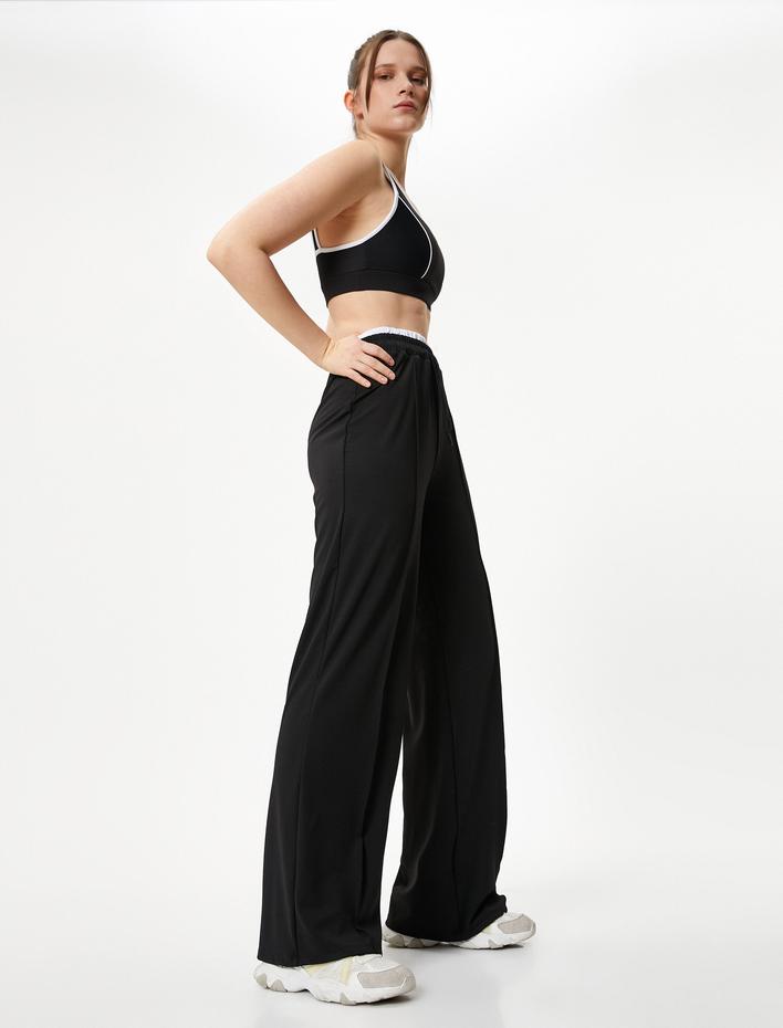  Geniş Paça Spor Eşofman Altı Nervürlü Yüksek Bel Renk Kontrastlı Beli Bağlamalı