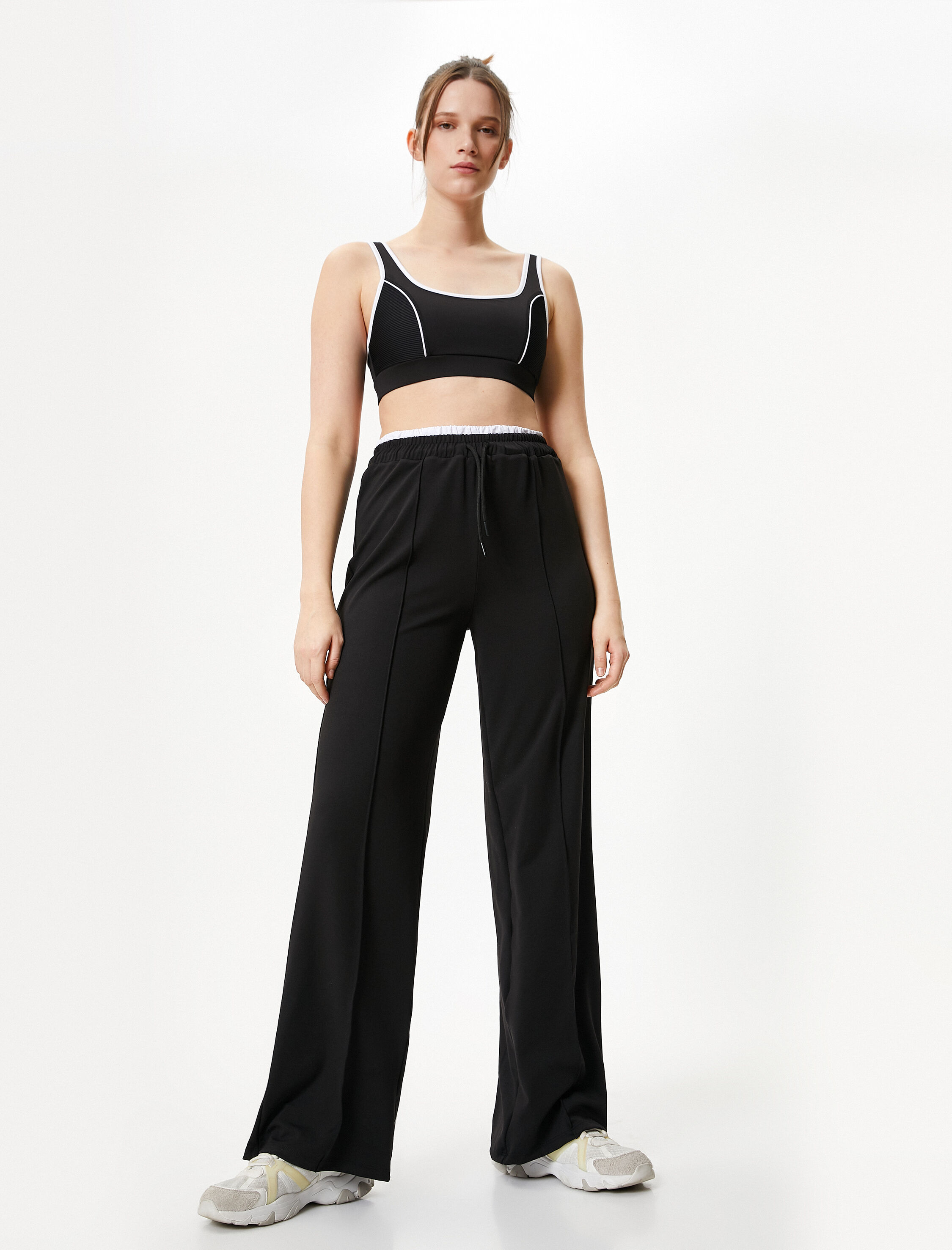   Geniş Paça Spor Eşofman Altı Nervürlü Yüksek Bel Renk Kontrastlı Beli Bağlamalı