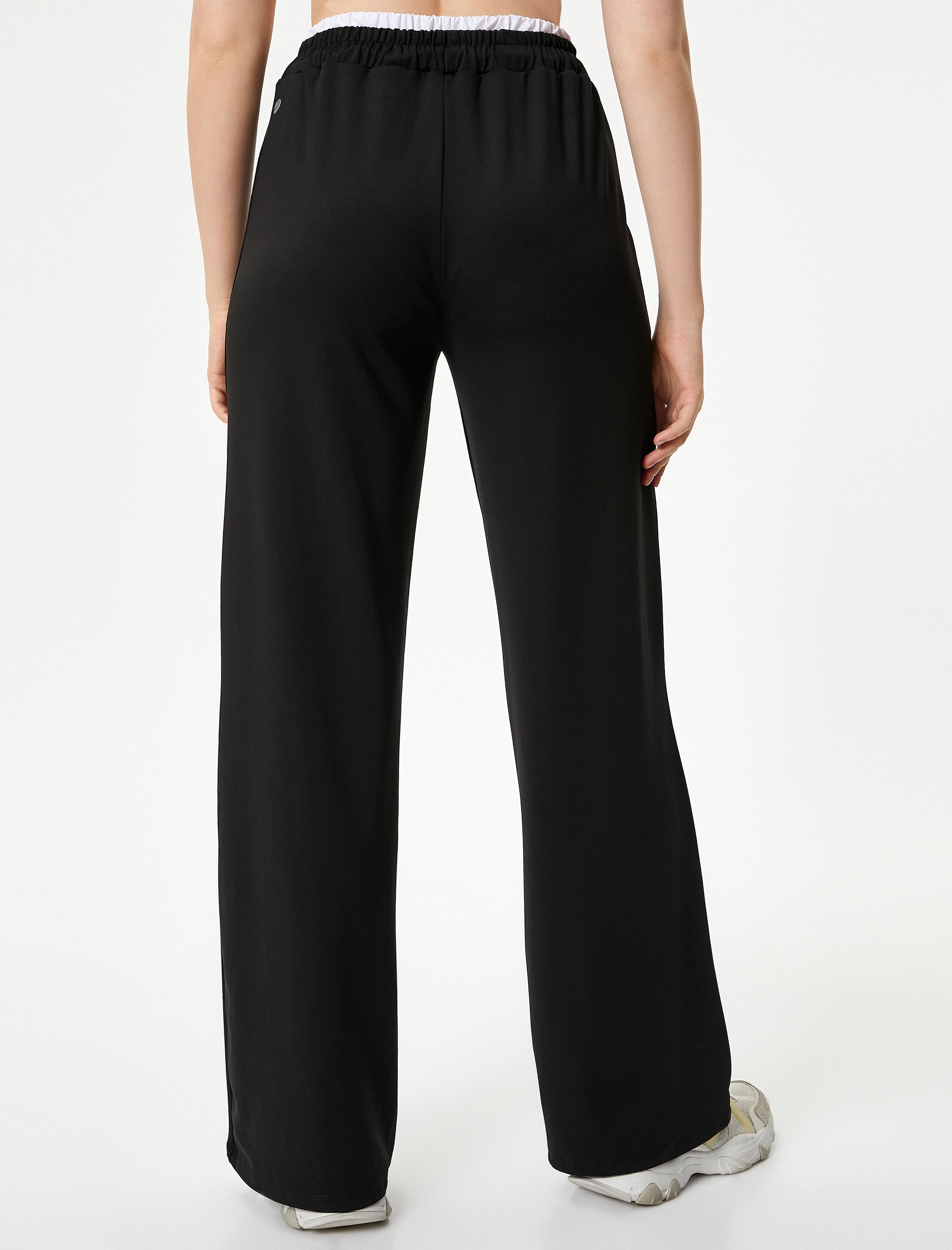   Geniş Paça Spor Eşofman Altı Nervürlü Yüksek Bel Renk Kontrastlı Beli Bağlamalı