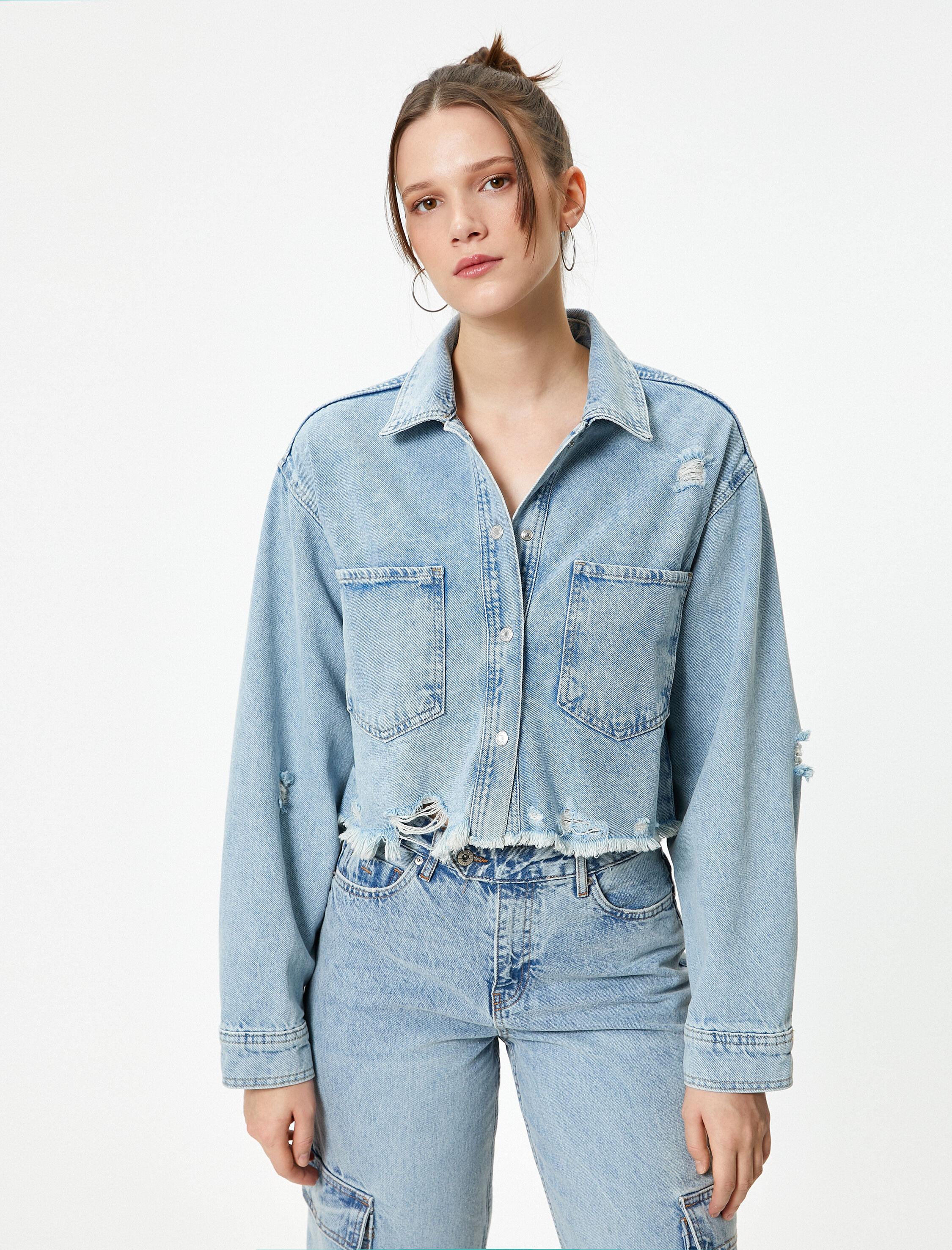   Crop Kot Ceket Yıpratılmış Detaylı Cepli Rahat Kalıp Pamuklu