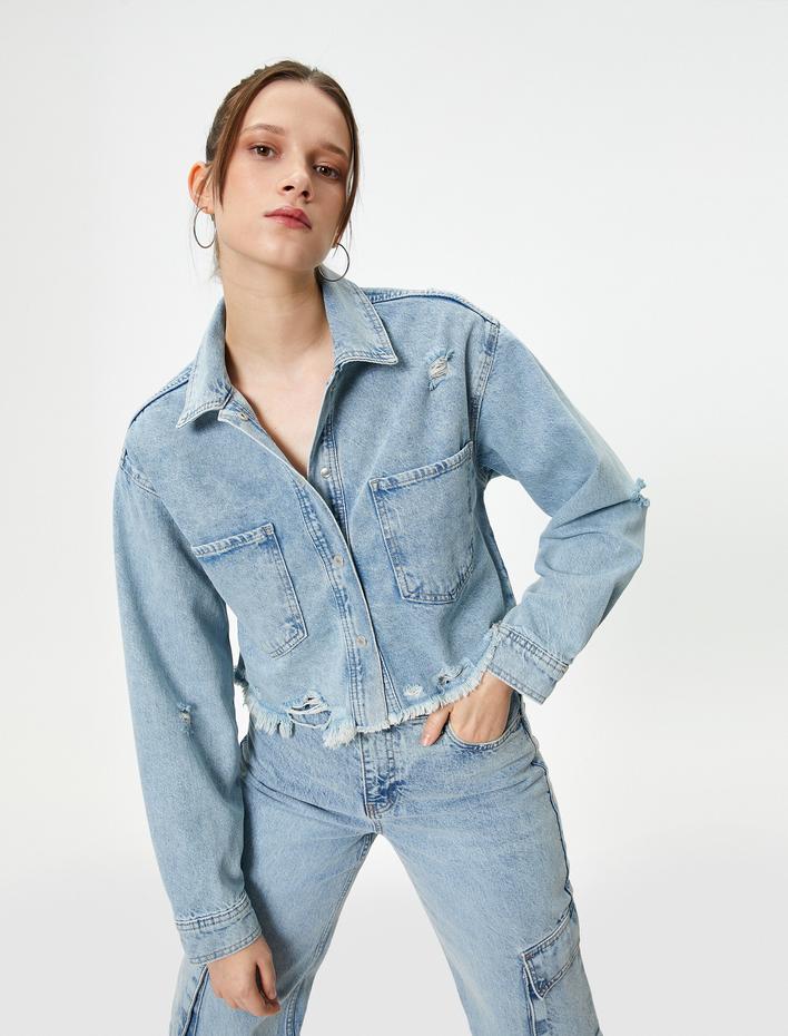  Crop Kot Ceket Yıpratılmış Detaylı Cepli Rahat Kalıp Pamuklu