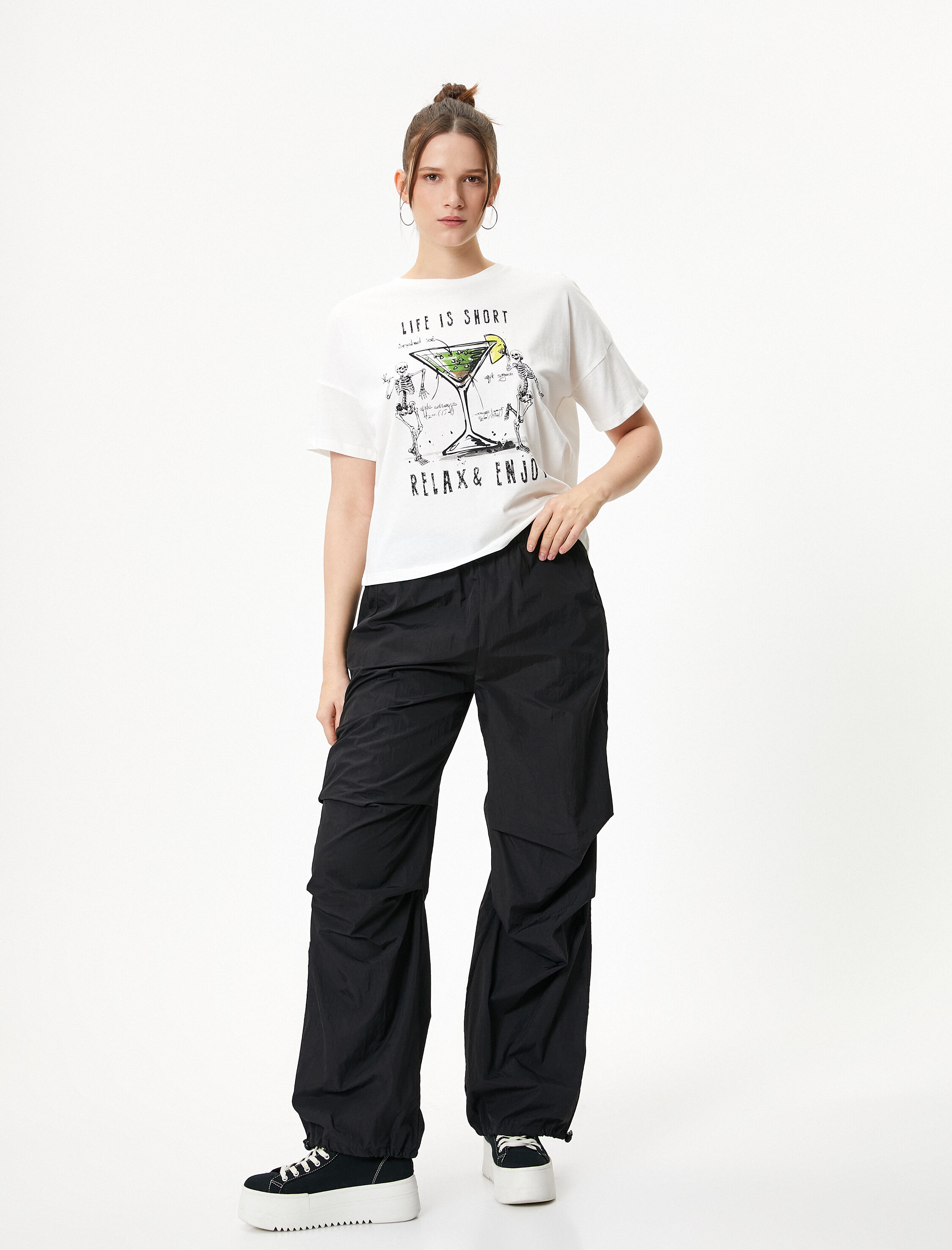   Baskılı Tişört Rahat Kalıp Pamuklu Kısa Kollu Bisiklet Yaka