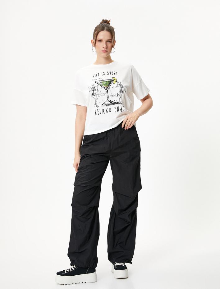  Baskılı Tişört Rahat Kalıp Pamuklu Kısa Kollu Bisiklet Yaka