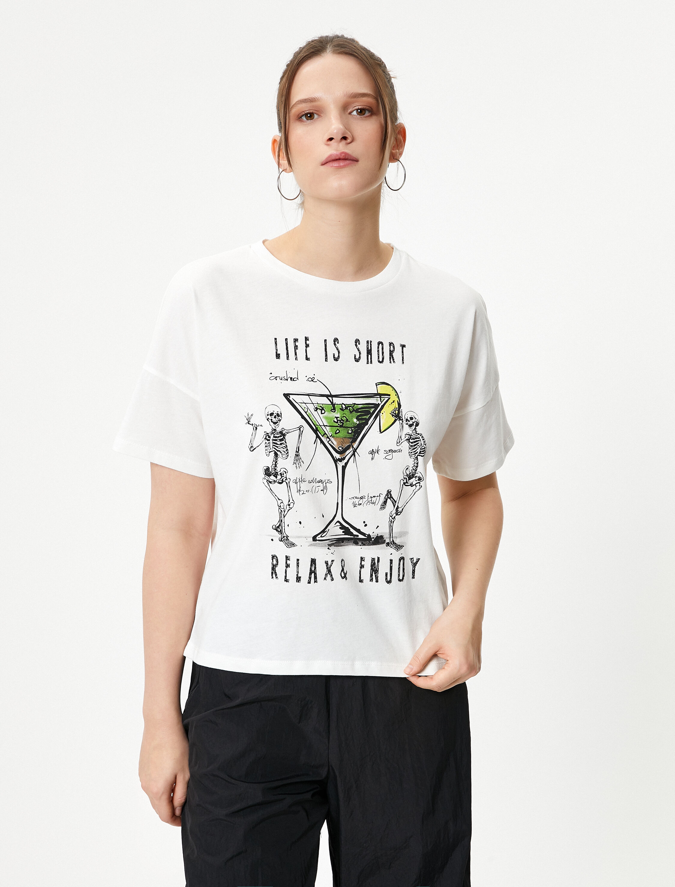   Baskılı Tişört Rahat Kalıp Pamuklu Kısa Kollu Bisiklet Yaka