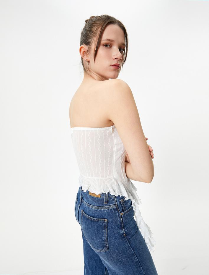  Straplez Üst Asimetrik Kesim Fırfırlı Dokulu