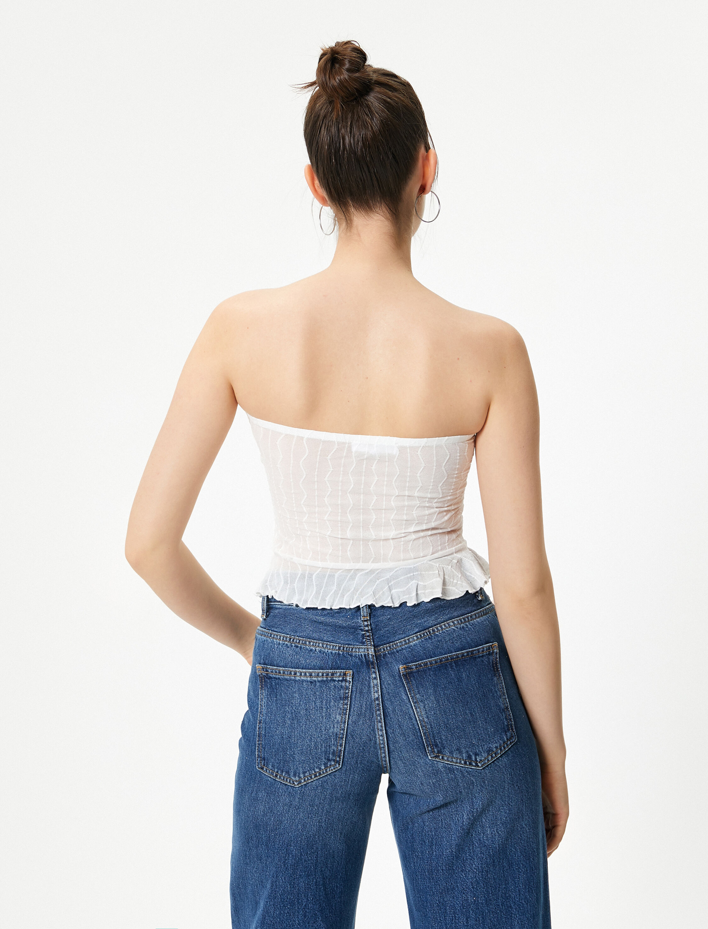   Straplez Üst Asimetrik Kesim Fırfırlı Dokulu