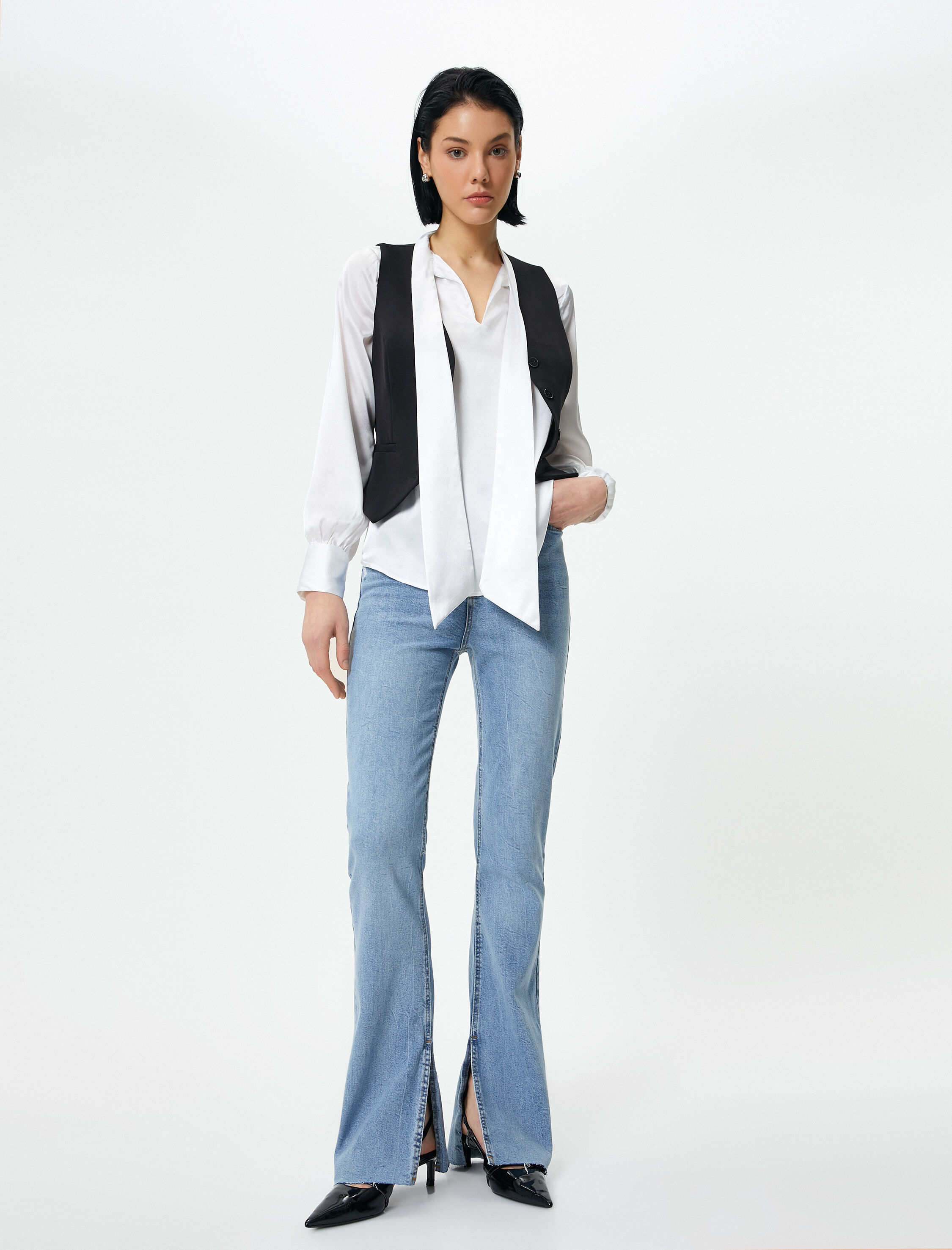   İspanyol Paça Kot Pantolon Yırtmaç Detaylı Dar Kesim Standart Bel - Flare Slim Jeans