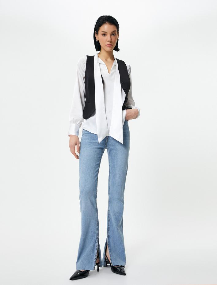  İspanyol Paça Kot Pantolon Yırtmaç Detaylı Dar Kesim Standart Bel - Flare Slim Jeans