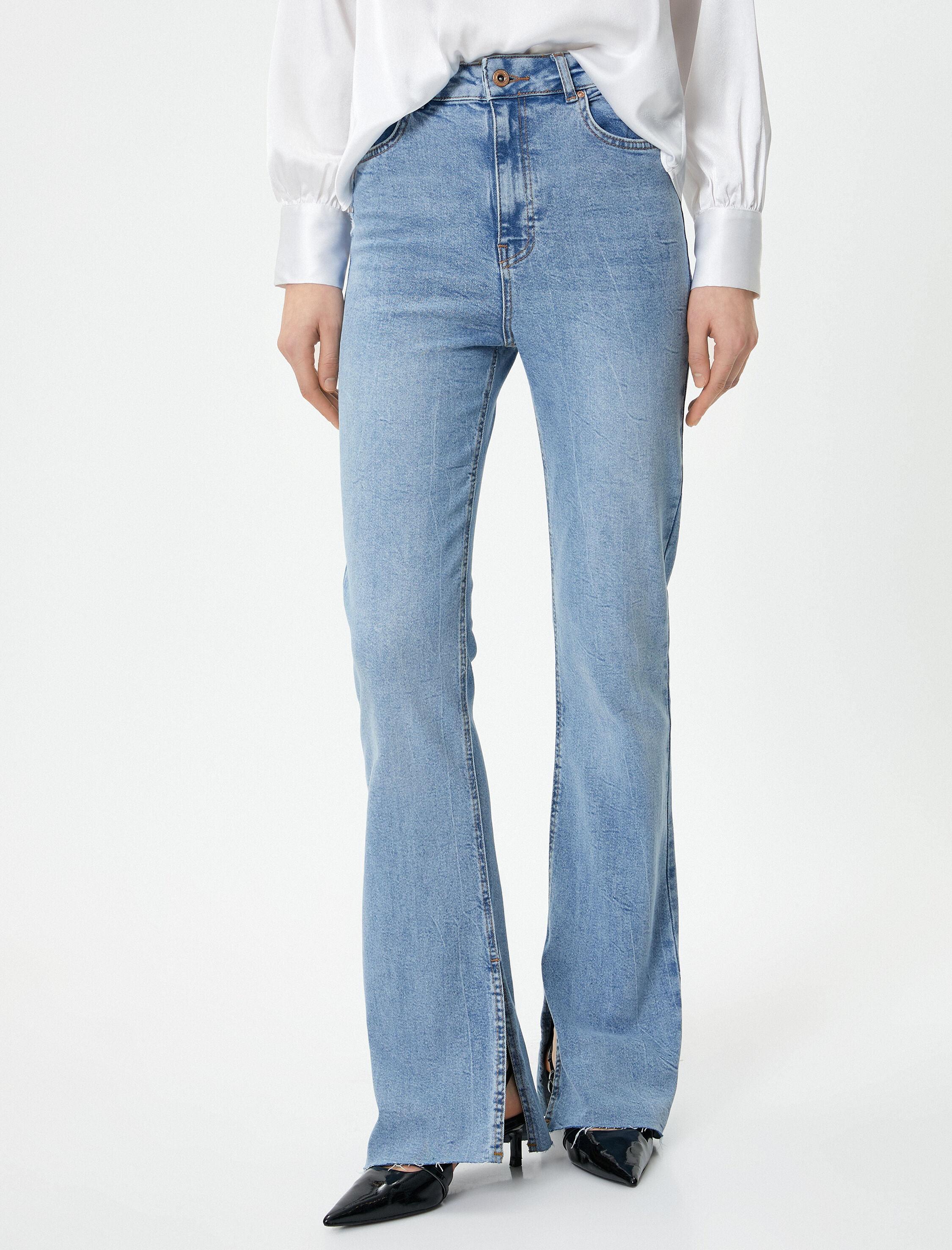   İspanyol Paça Kot Pantolon Yırtmaç Detaylı Dar Kesim Standart Bel - Flare Slim Jeans