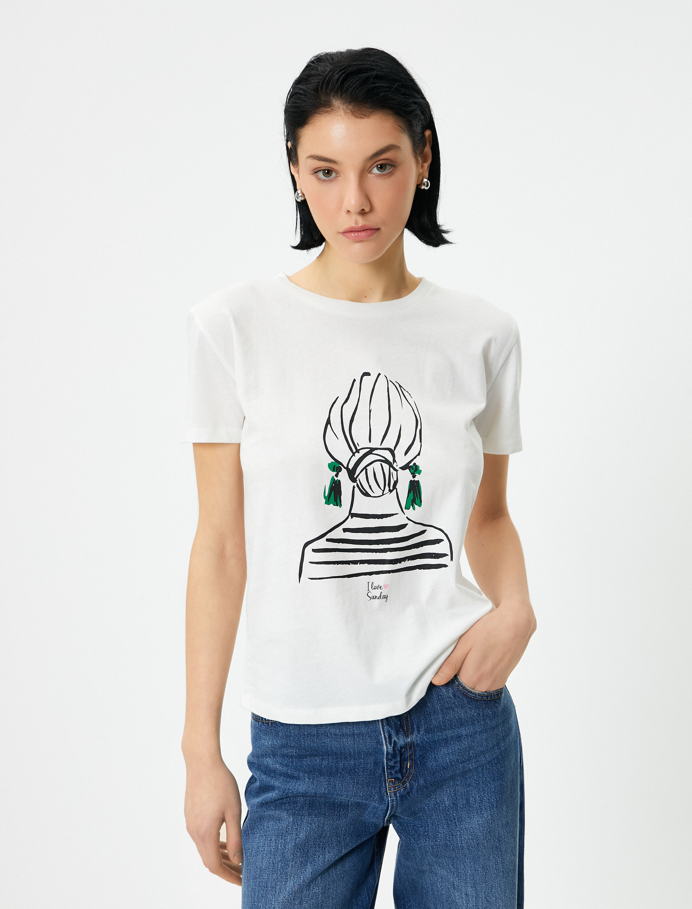   Baskılı Tişört Bisiklet Yaka Kısa Kollu Pamuklu