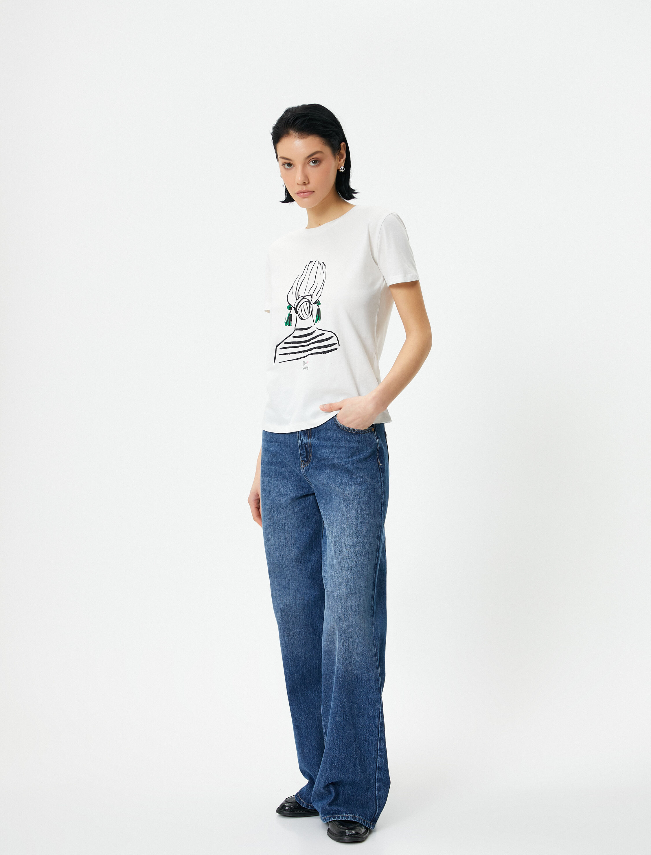   Baskılı Tişört Bisiklet Yaka Kısa Kollu Pamuklu