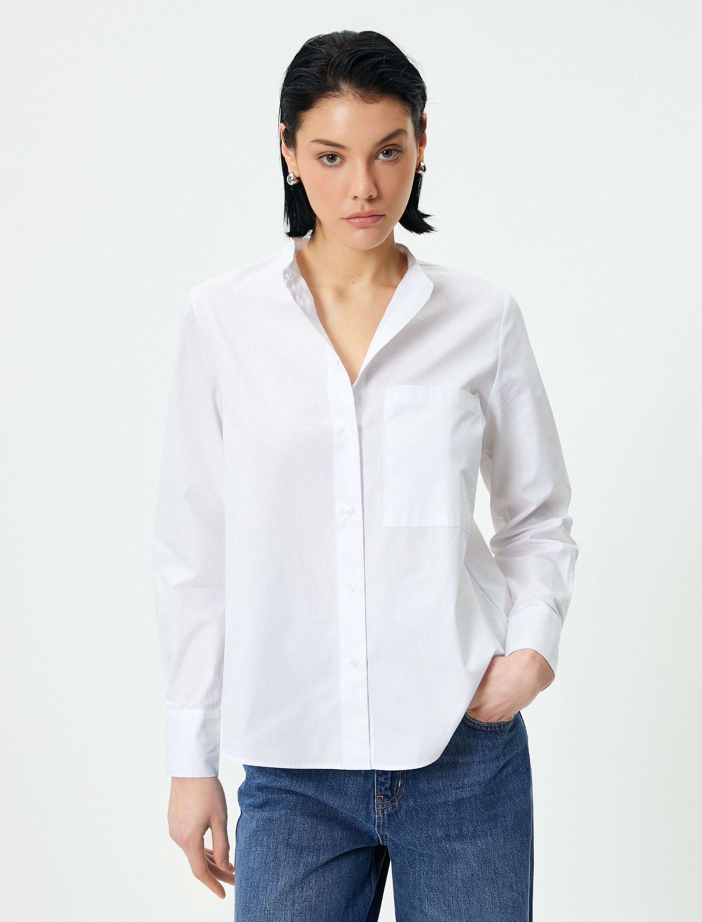   Klasik Gömlek Uzun Kollu Düğmeli Cep Detaylı