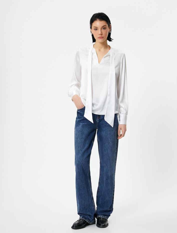  Saten Bluz Bağlama Detaylı Uzun Kollu