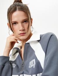 Polo Yaka Sweatshirt Yarım Fermuarlı Renk Bloklu Aplike ve İşleme Detaylı