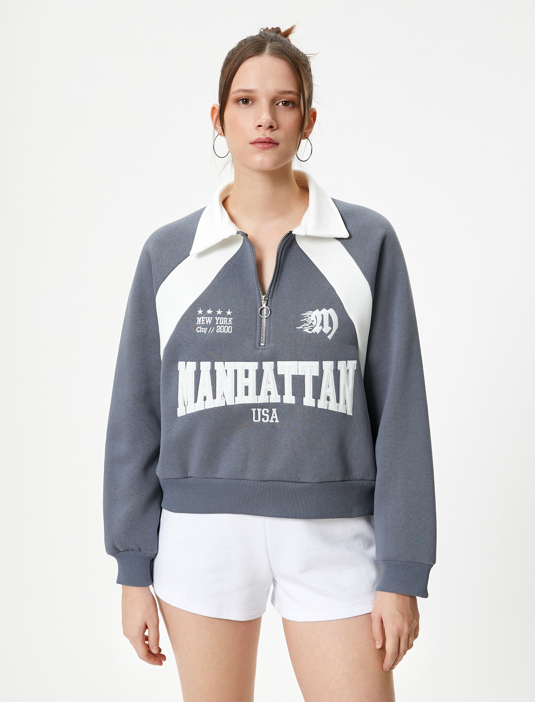   Şardonlu Polo Yaka Sweatshirt Yarım Fermuarlı Renk Bloklu Aplike ve İşleme Detaylı