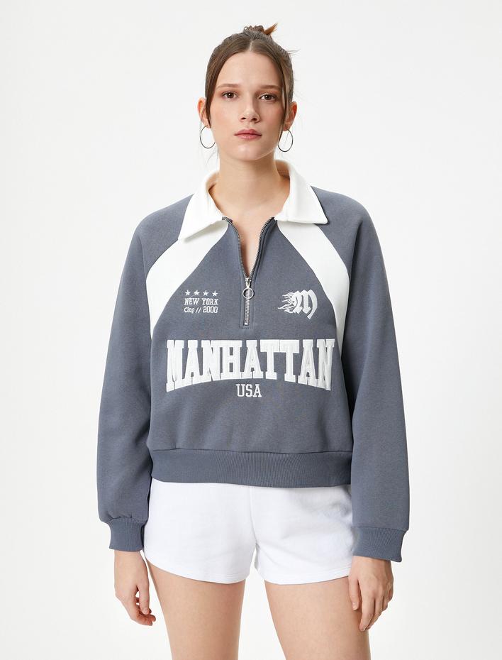  Polo Yaka Sweatshirt Yarım Fermuarlı Renk Bloklu Aplike ve İşleme Detaylı