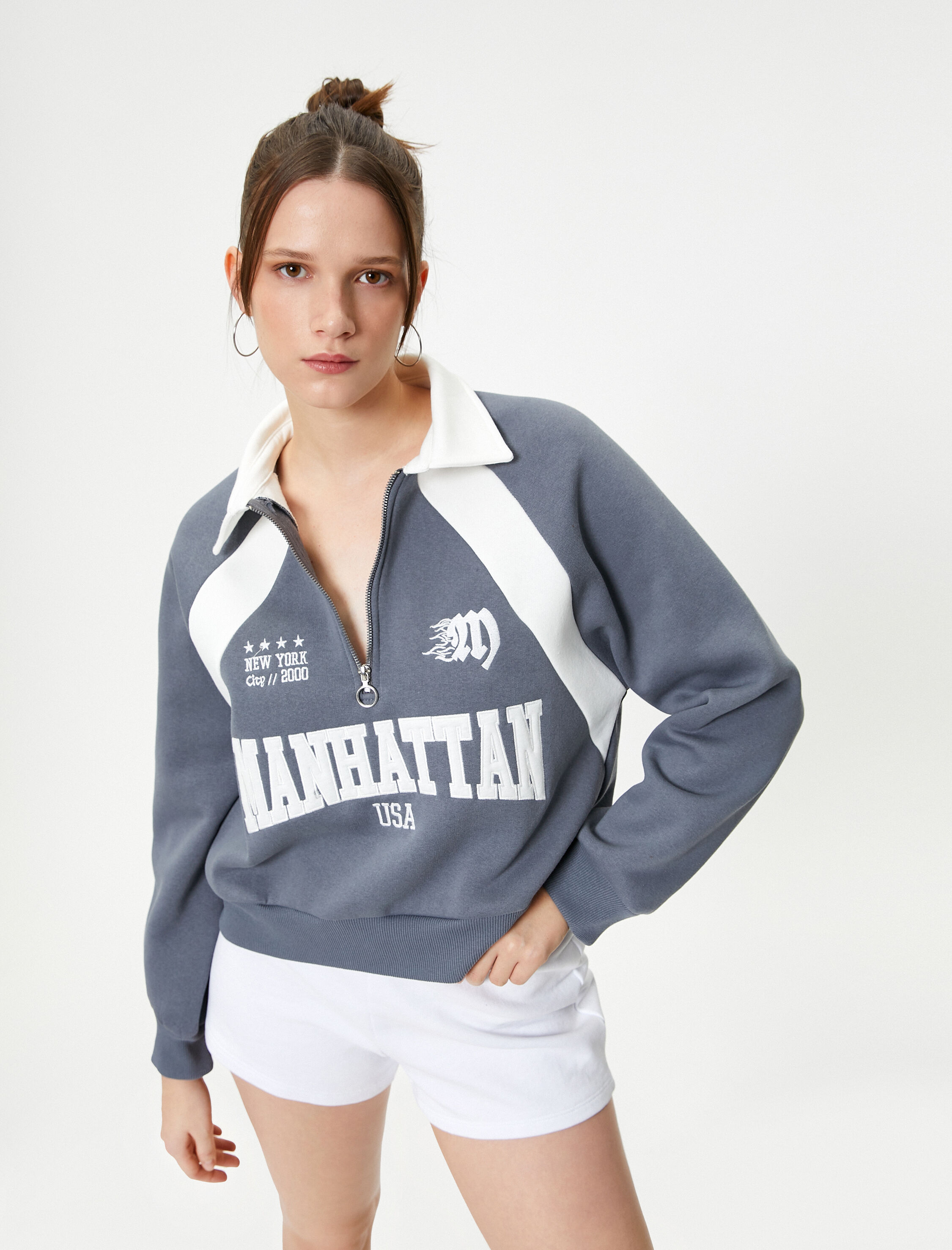   Şardonlu Polo Yaka Sweatshirt Yarım Fermuarlı Renk Bloklu Aplike ve İşleme Detaylı