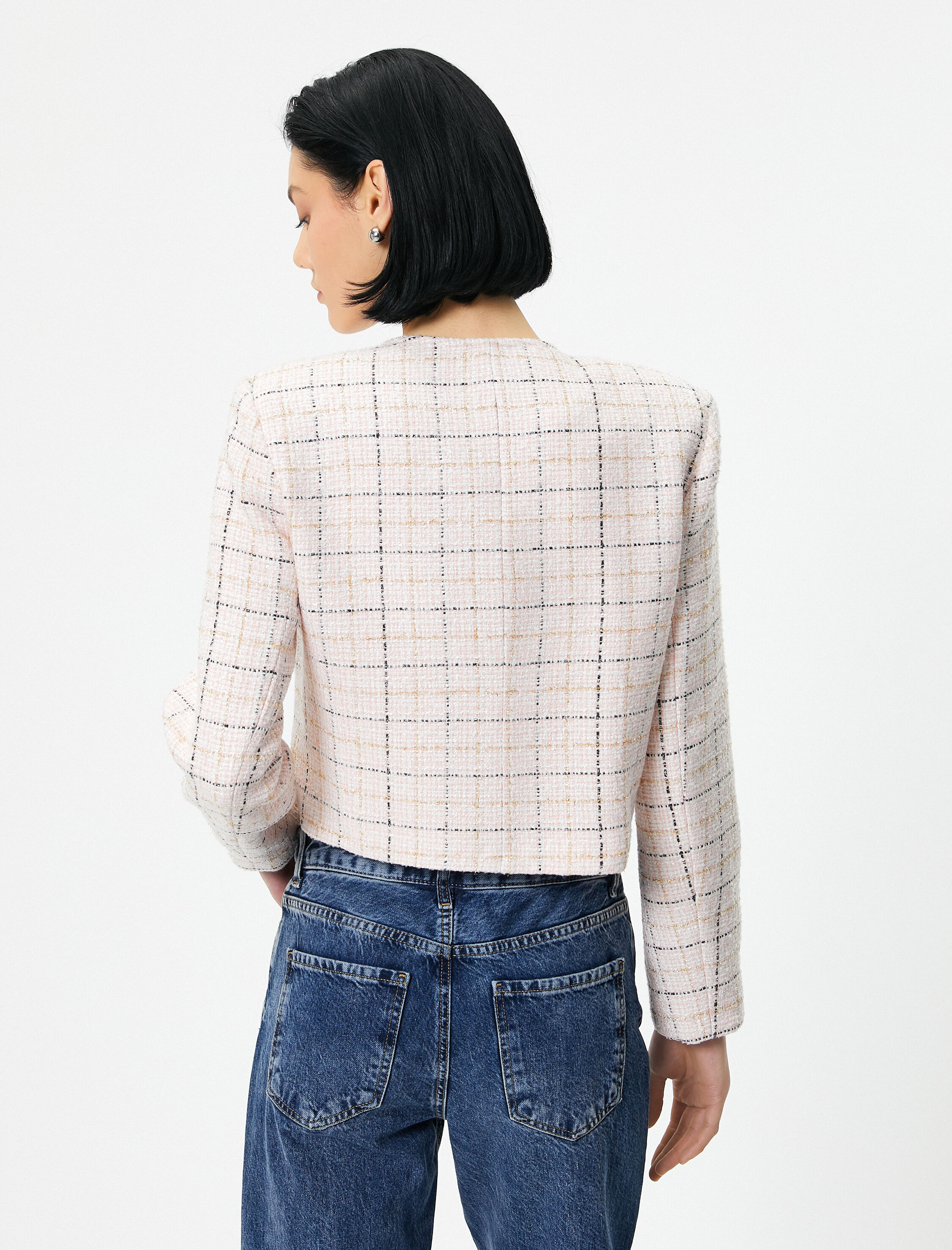   Crop Tüvit Ceket Bisiklet Yaka Gold Düğmeli Cepli