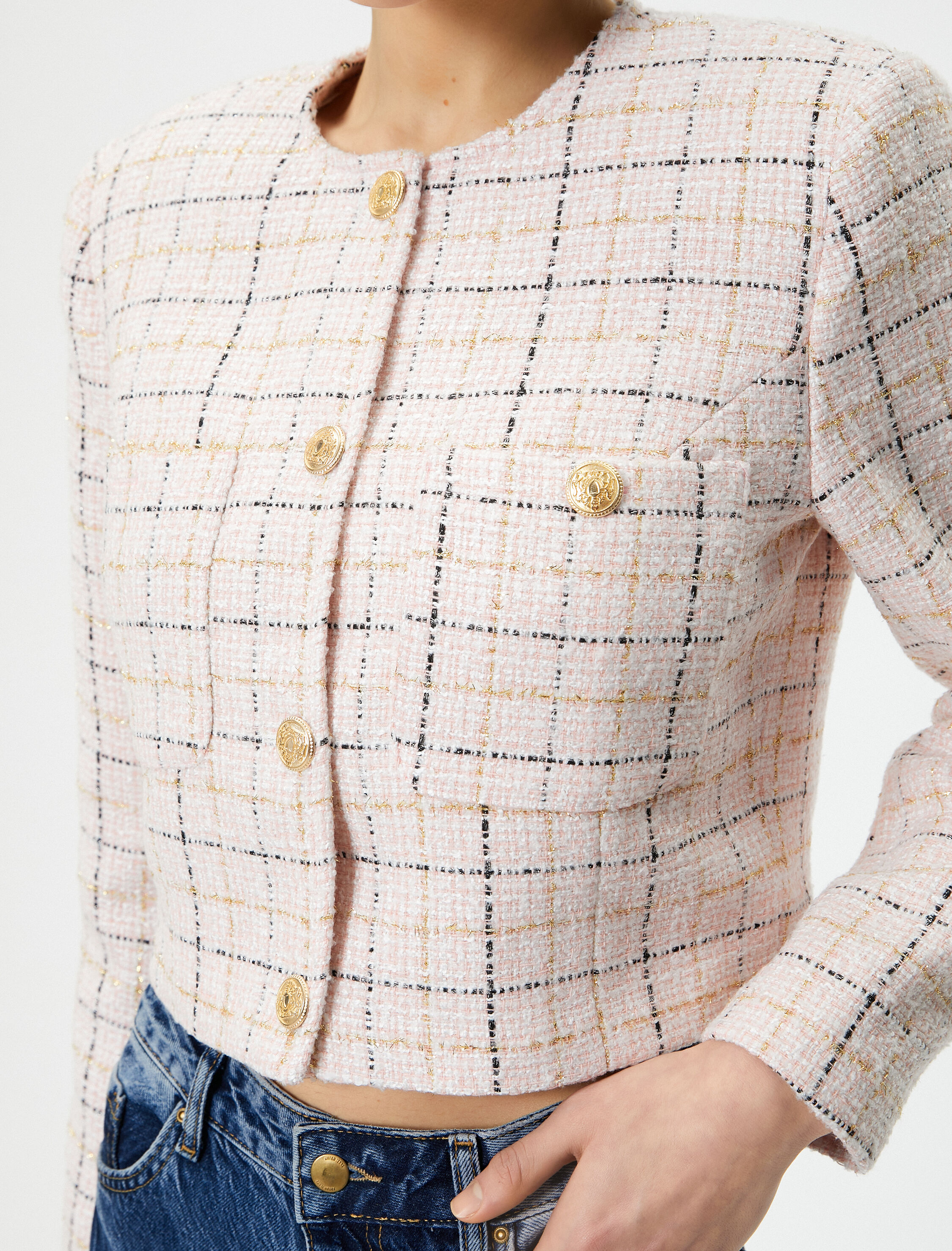   Crop Tüvit Ceket Bisiklet Yaka Gold Düğmeli Cepli