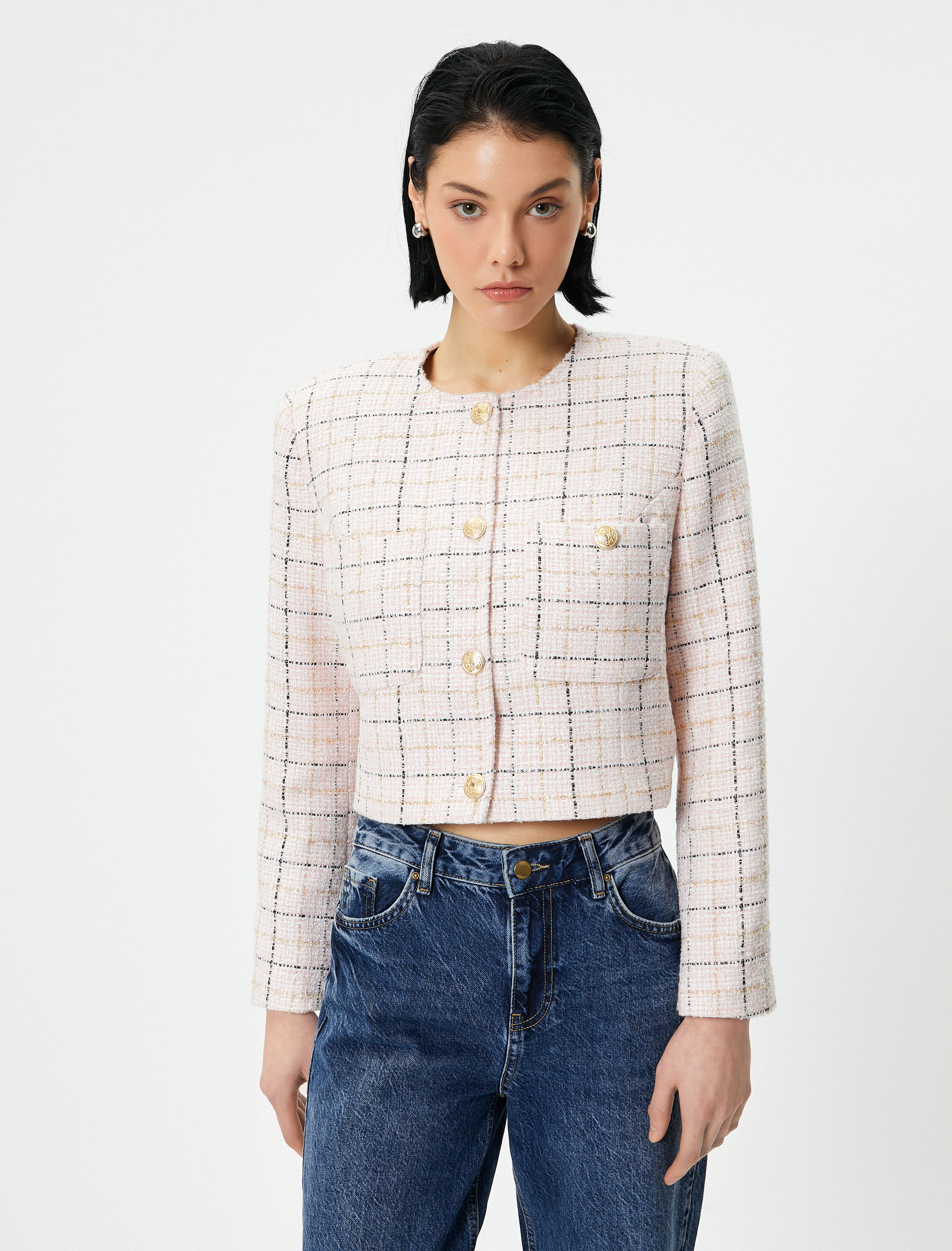   Crop Tüvit Ceket Bisiklet Yaka Gold Düğmeli Cepli