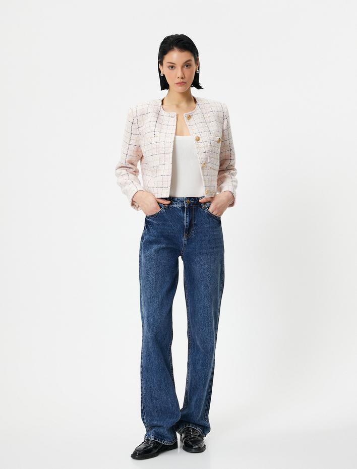  Crop Tüvit Ceket Bisiklet Yaka Gold Düğmeli Cepli