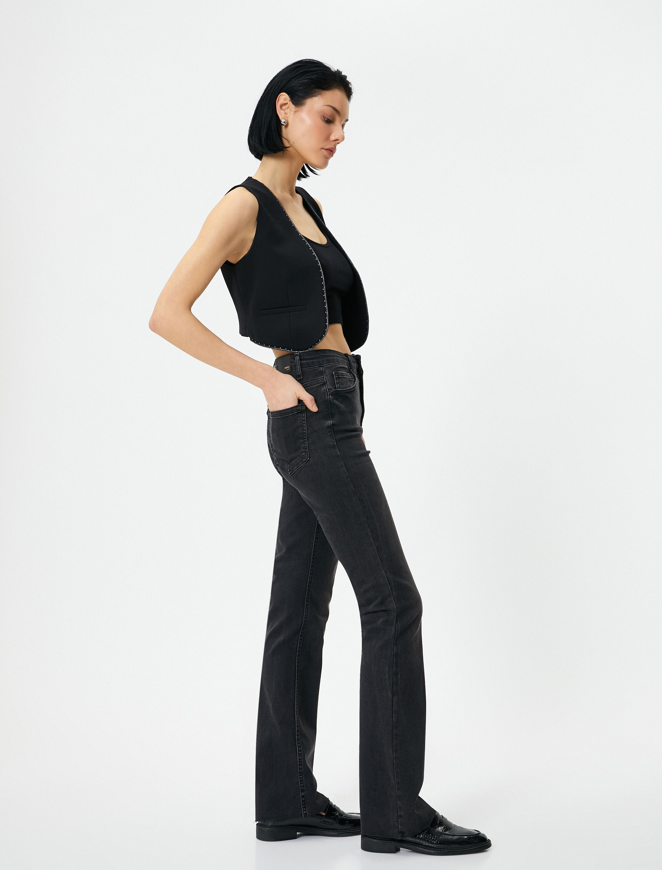   İspanyol Paça Kot Pantolon Yırtmaç Detaylı Slim Fit Yüksek Bel - Flare Slim Jeans