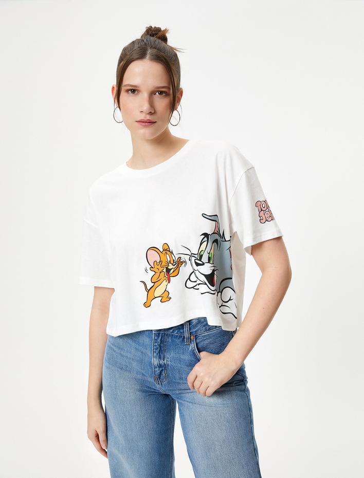  Tom ve Jerry Tişört Crop Lisanslı Kısa Kollu Bisiklet Yaka Pamuklu