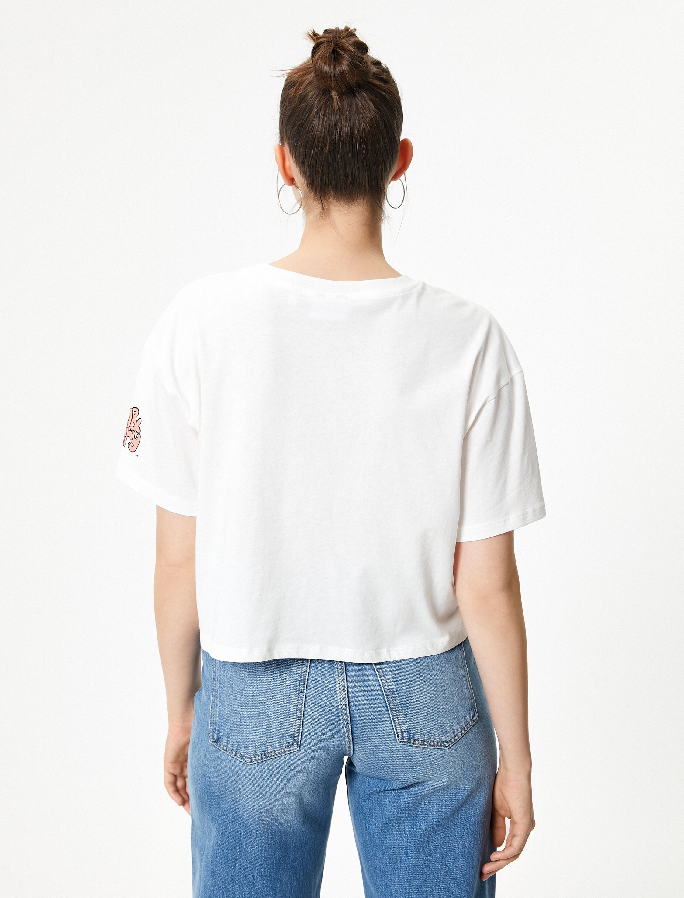 Ekru Tom ve Jerry Tişört Crop Lisanslı Kısa Kollu Bisiklet Yaka