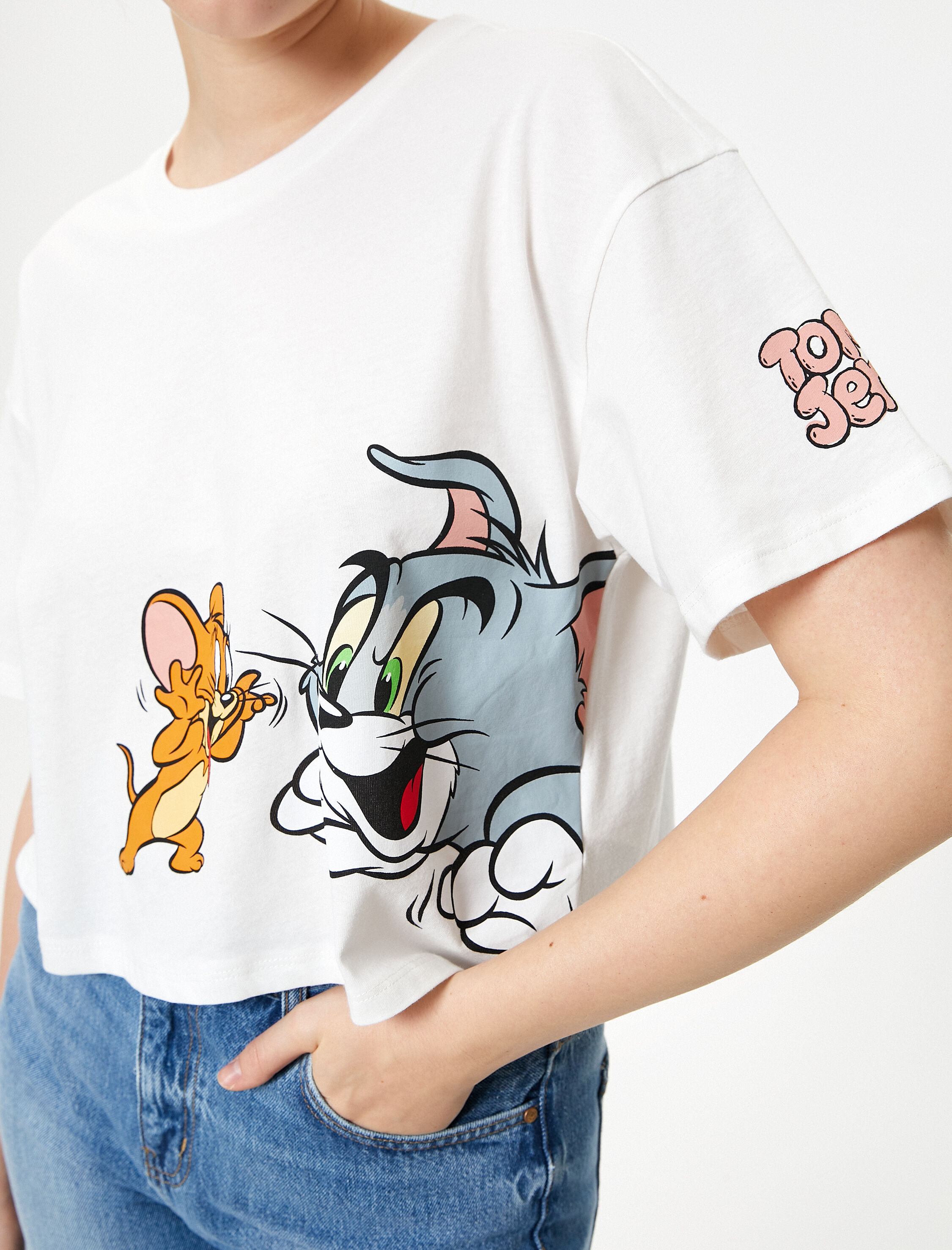   Tom ve Jerry Tişört Crop Lisanslı Kısa Kollu Bisiklet Yaka Pamuklu