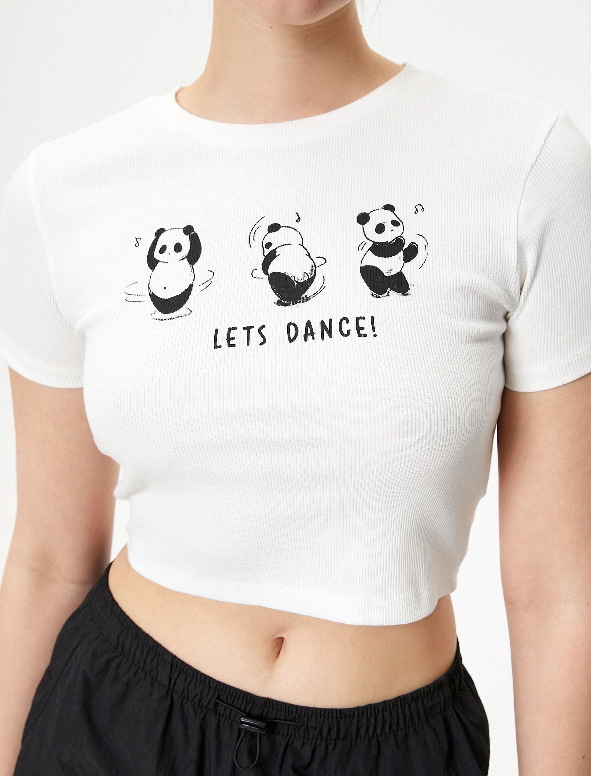   Panda Baskılı Tişört Slim Fit Pamuklu Kısa Kollu Bisiklet Yaka