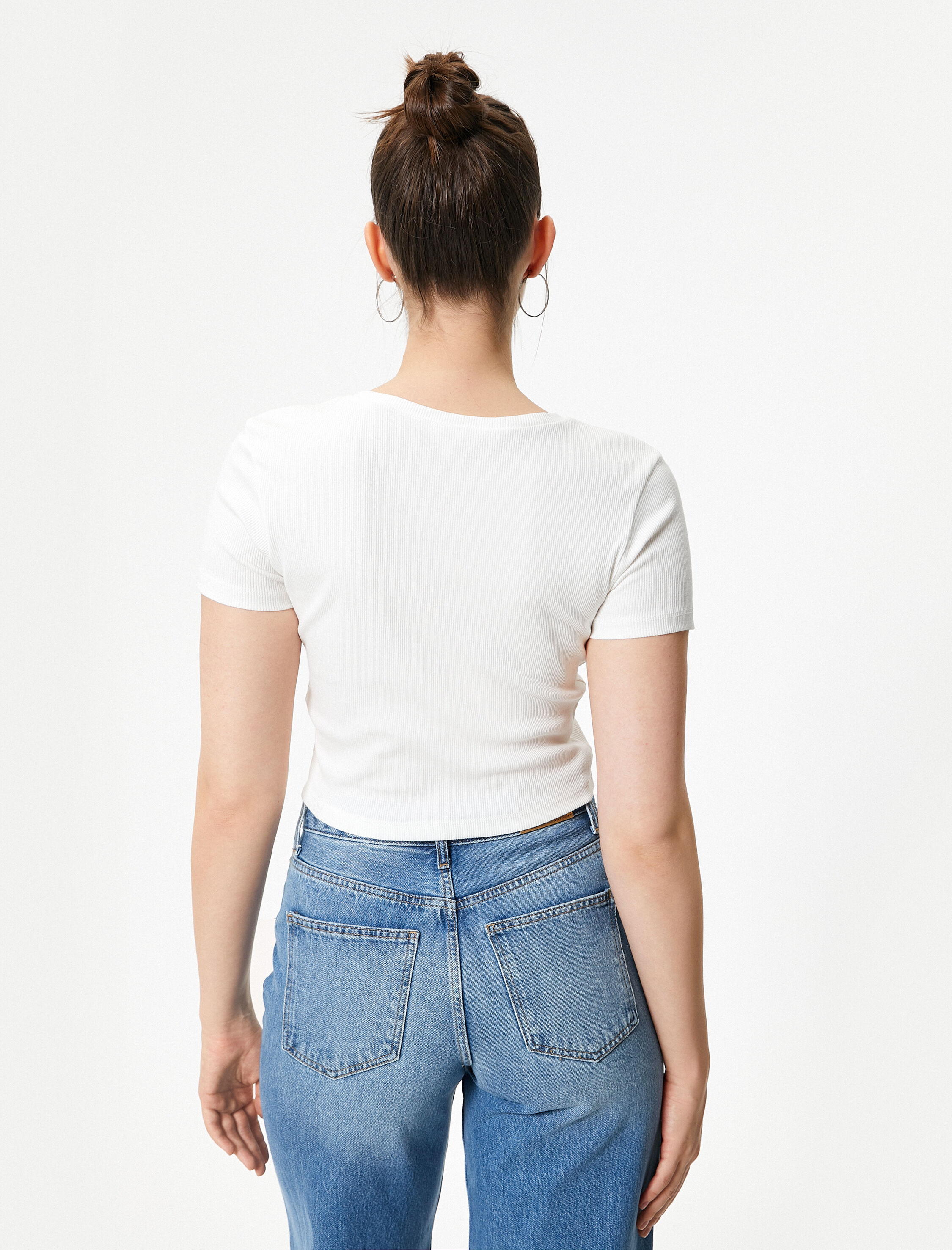 Crop Tişört Baskı Detaylı Dar Kalıp Kısa Kollu Bisiklet Yaka Pamuklu