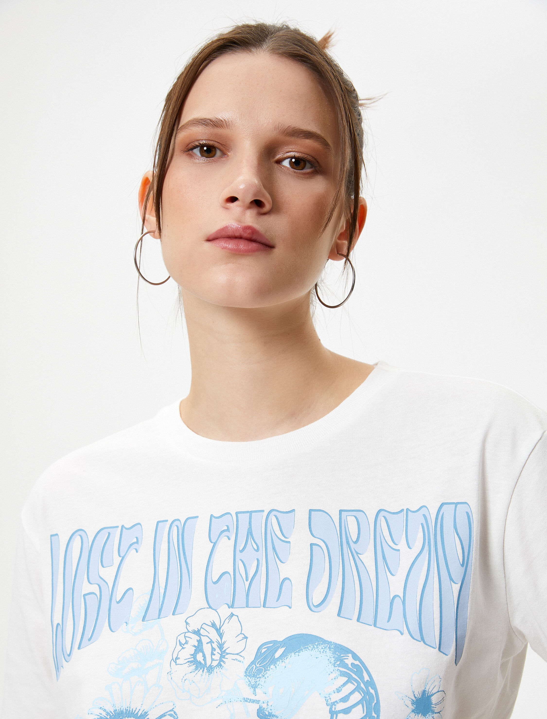   Kısa Kollu Tişört Baskılı Rahat Kalıp Pamuklu Bisiklet Yaka