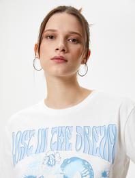 Kısa Kollu Tişört Baskılı Rahat Kalıp Pamuklu Bisiklet Yaka