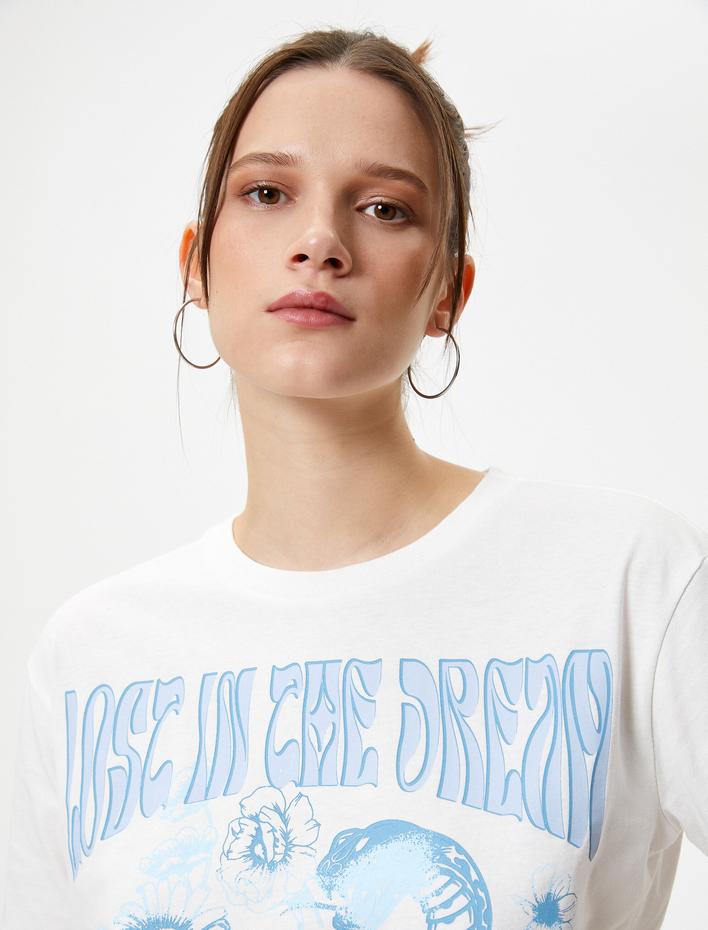  Kısa Kollu Tişört Baskılı Rahat Kalıp Pamuklu Bisiklet Yaka