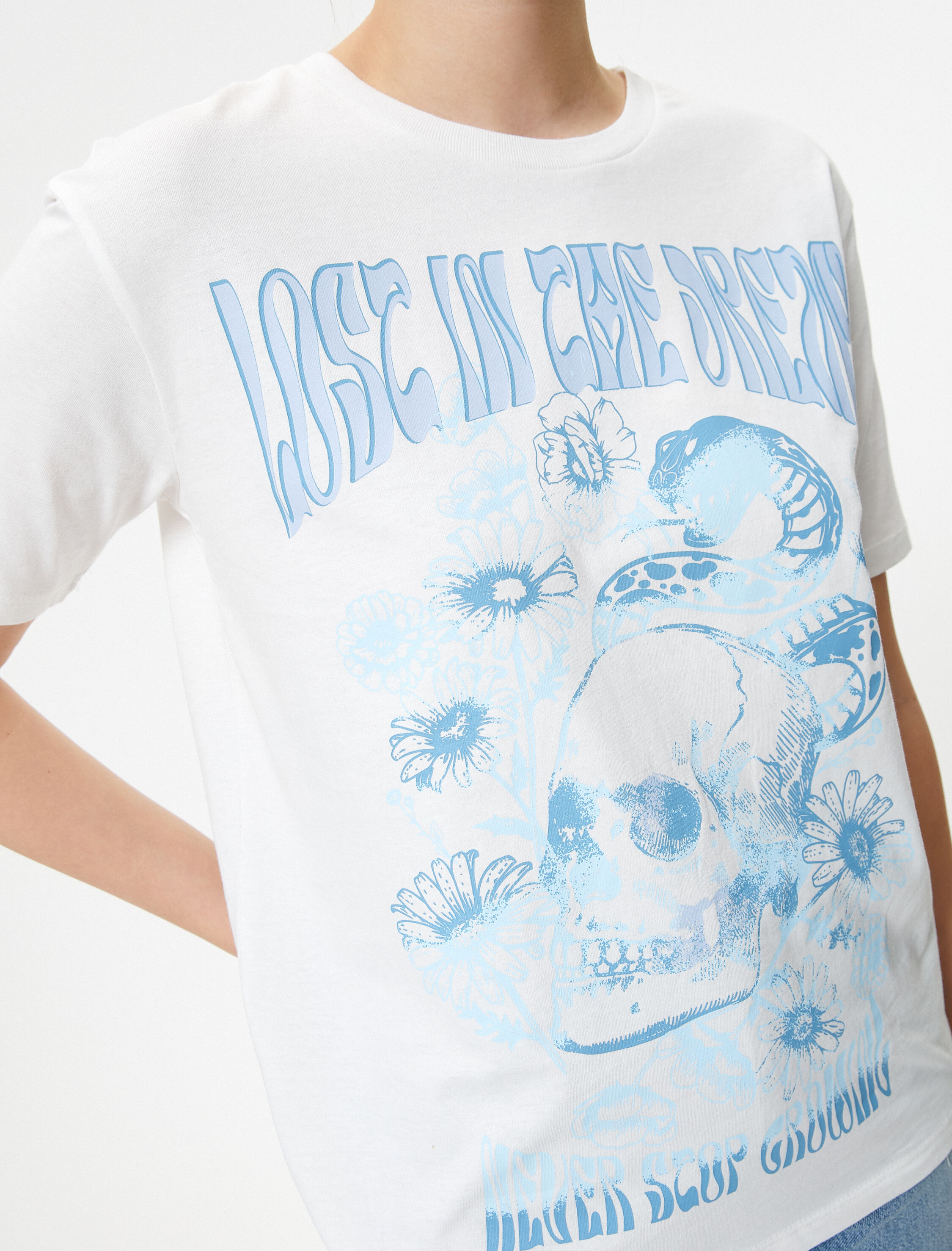   Kısa Kollu Tişört Baskılı Rahat Kalıp Pamuklu Bisiklet Yaka