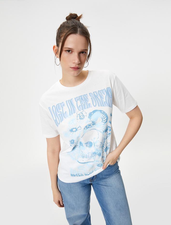  Kısa Kollu Tişört Baskılı Rahat Kalıp Pamuklu Bisiklet Yaka