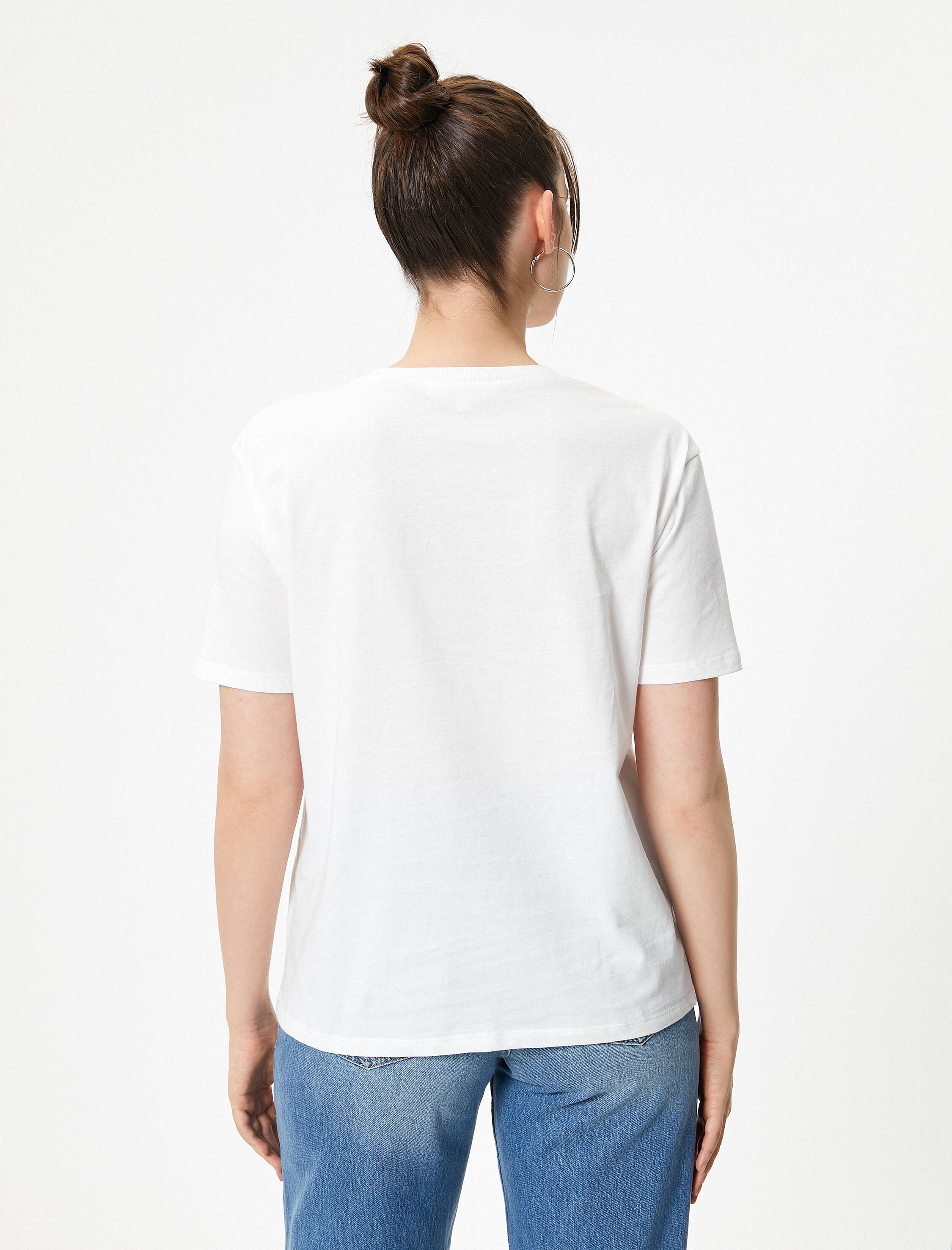   Kısa Kollu Tişört Baskılı Rahat Kalıp Pamuklu Bisiklet Yaka