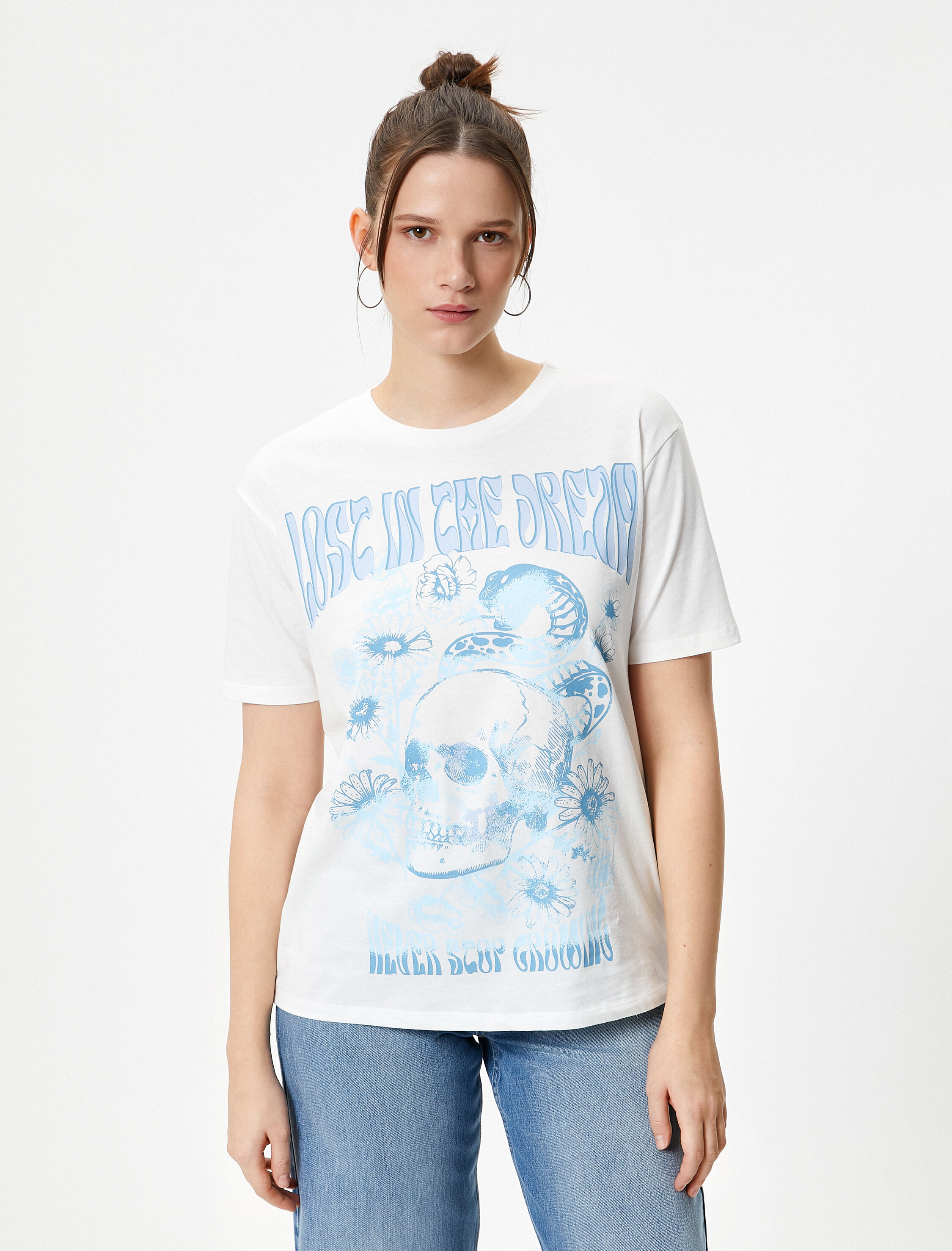   Kısa Kollu Tişört Baskılı Rahat Kalıp Pamuklu Bisiklet Yaka