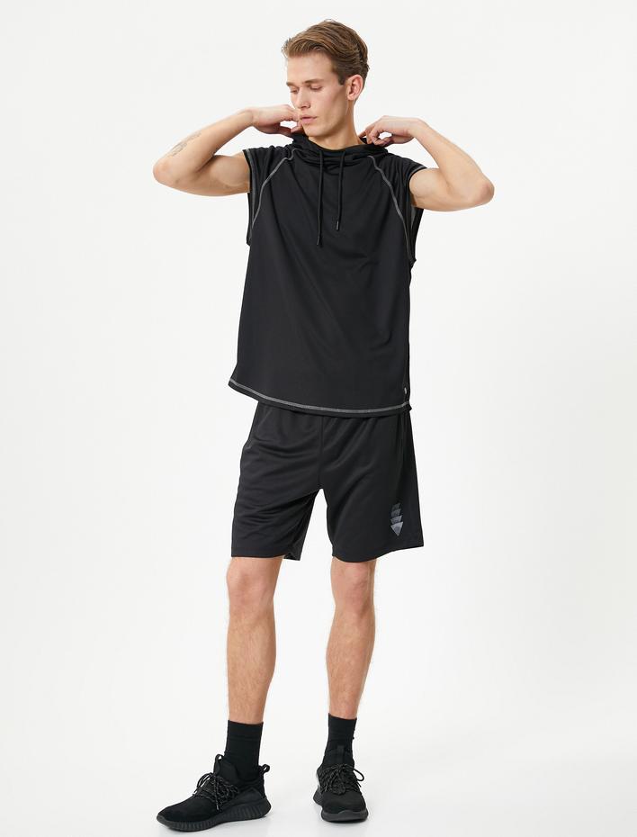  Sporcu Atleti Kapşonlu Dikiş Detaylı Kolsuz Bağcık Yakalı