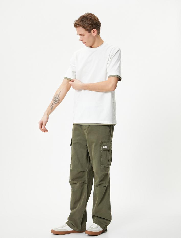  Bisiklet Yaka Tişört Kumaş Detaylı Kısa Kollu Pamuklu