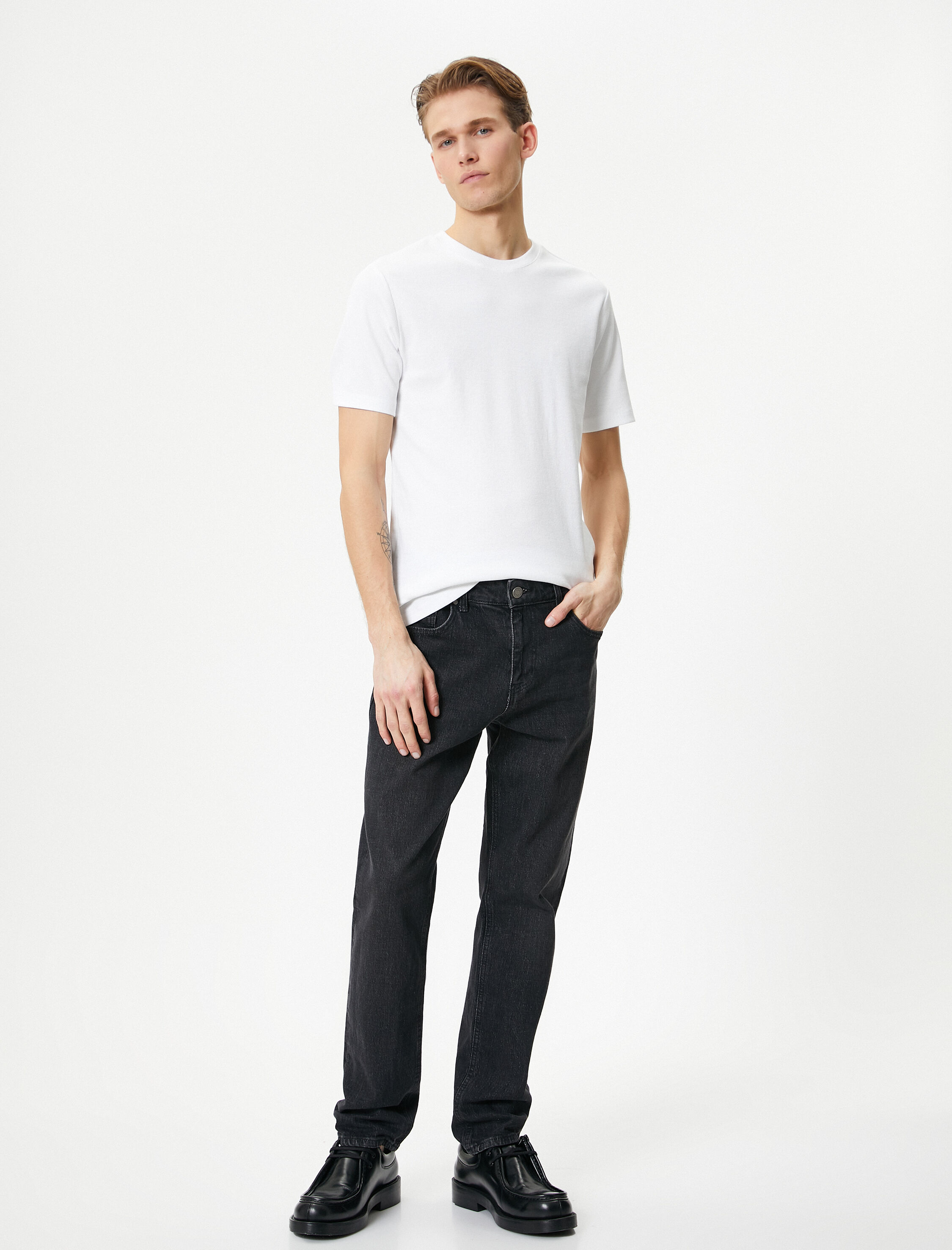   Fitilli Tişört Dokulu Bisiklet Yaka Kısa Kollu Pamuklu