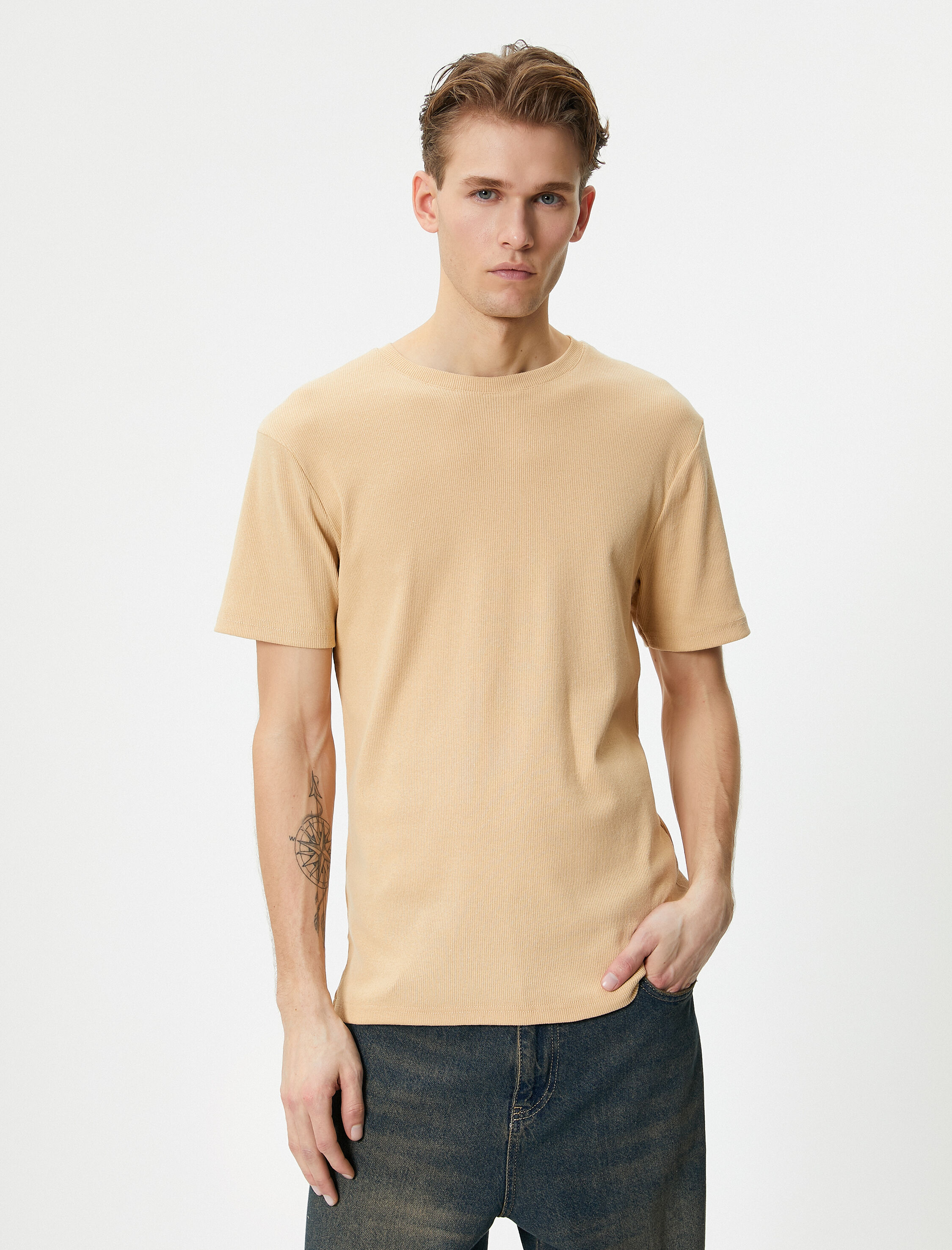   Fitilli Tişört Dokulu Bisiklet Yaka Kısa Kollu Pamuklu