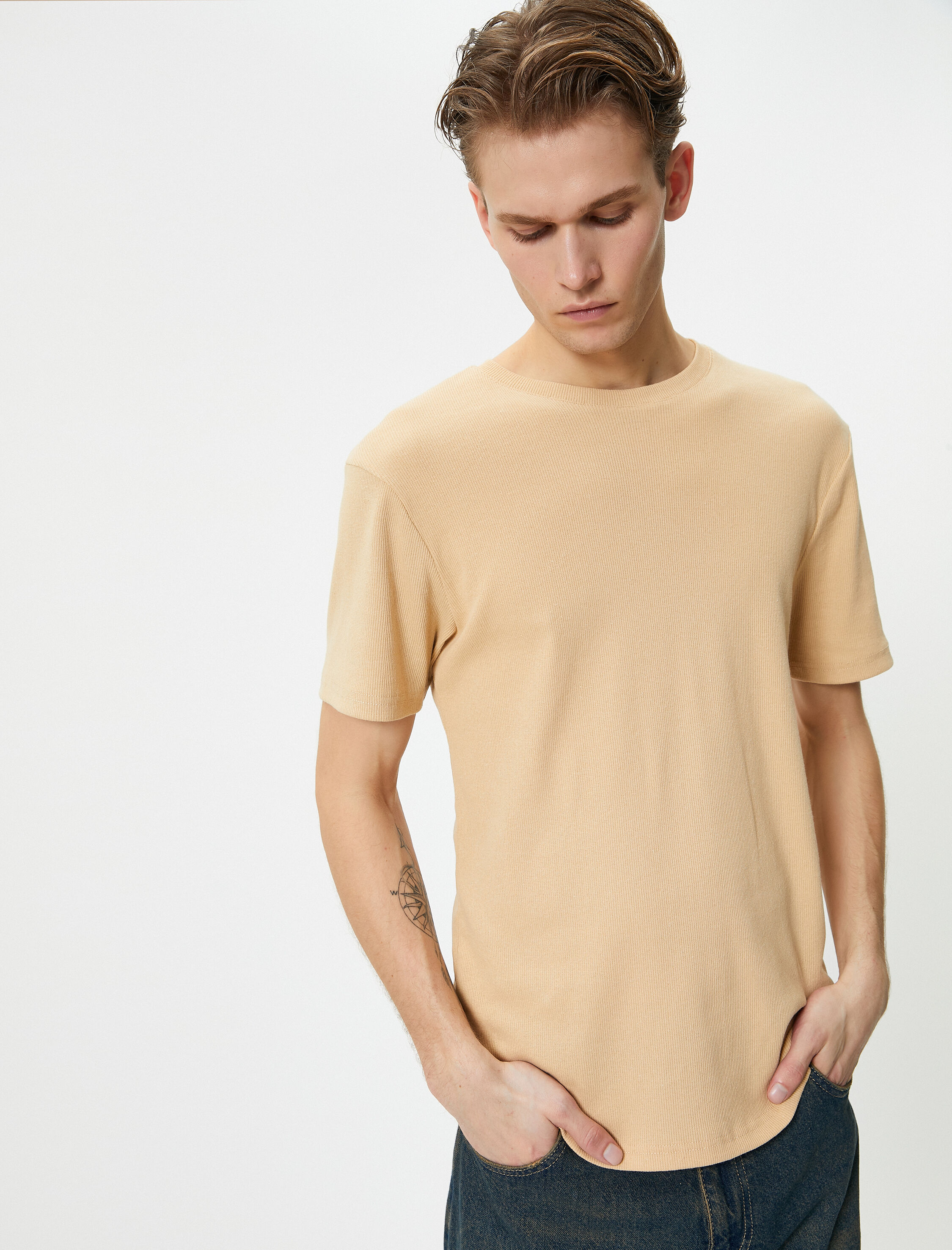   Fitilli Tişört Dokulu Bisiklet Yaka Kısa Kollu Pamuklu