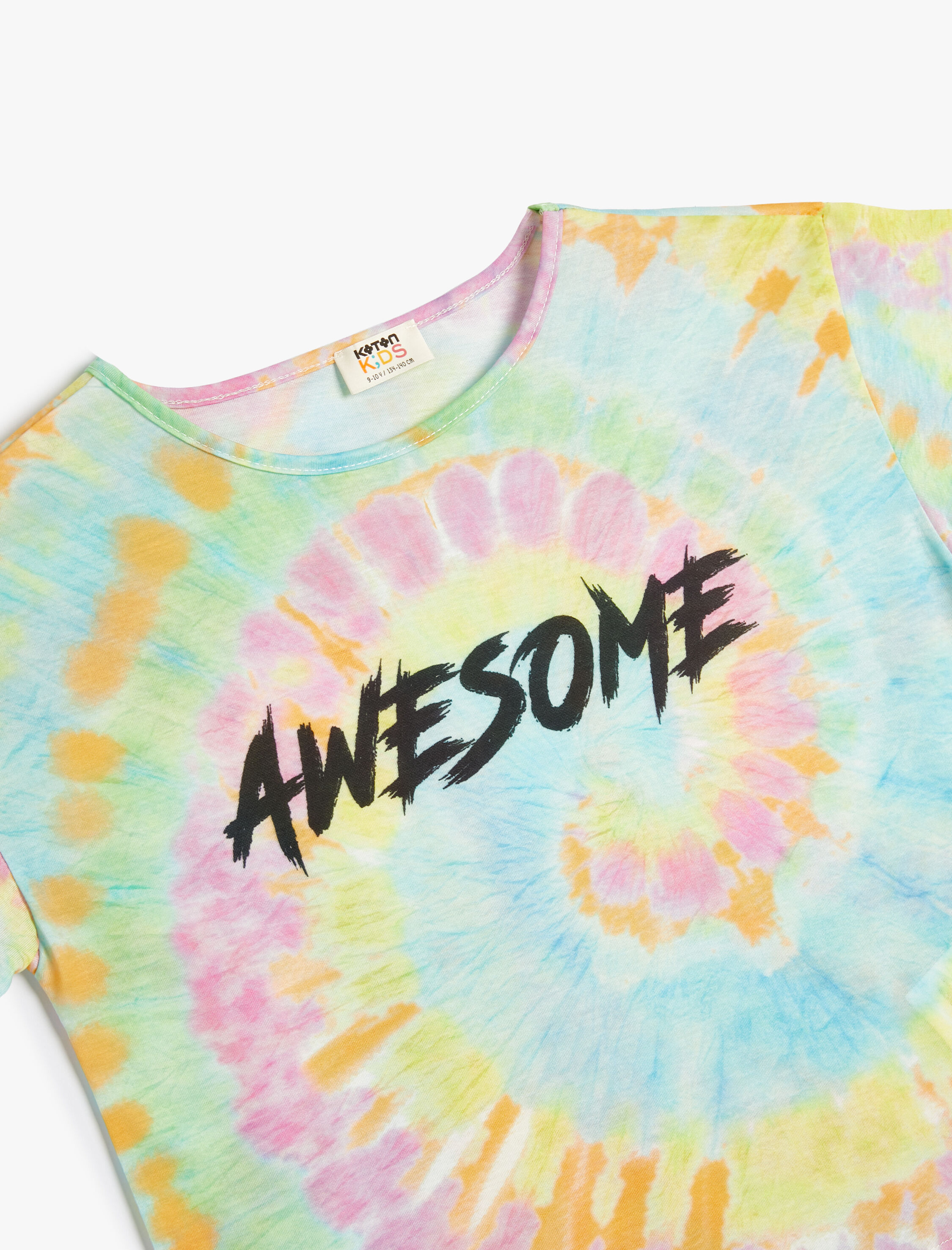  Kız Çocuk Oversize Tişört Batik Desenli Slogan Baskılı Kısa Kollu