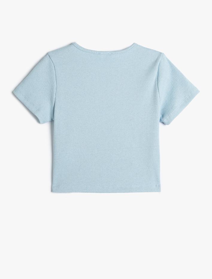 Kız Çocuk Crop Tişört Kısa Kollu Bisiklet Yaka Ayıcık Baskılı Fitilli