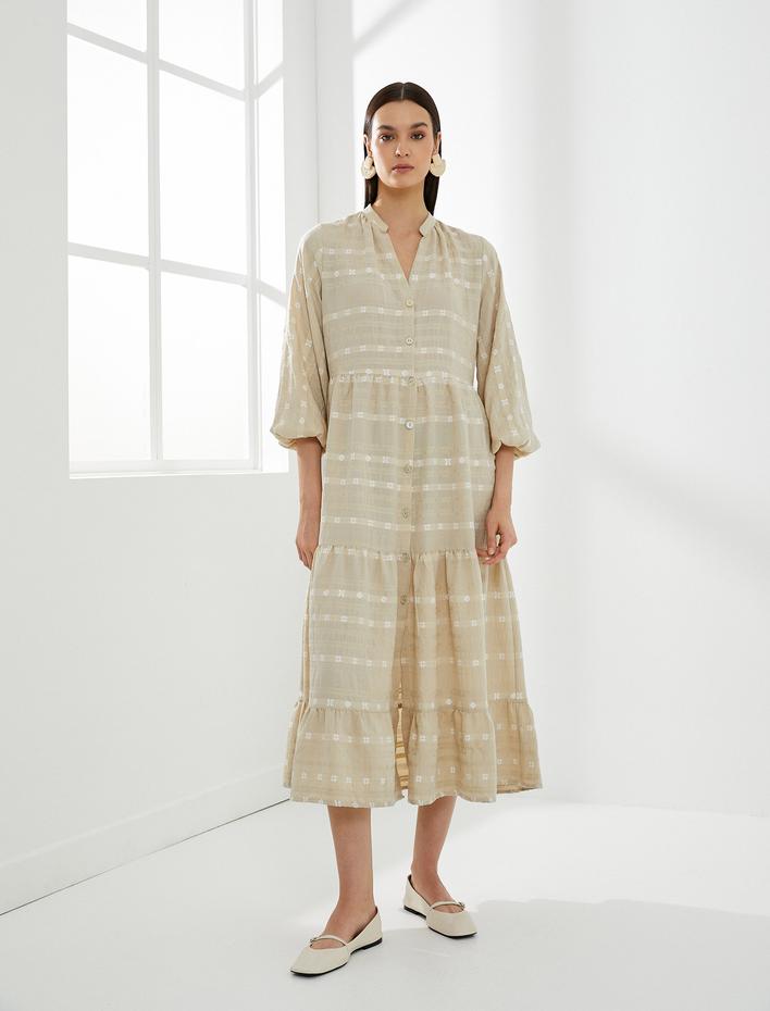  Balon Kol Elbise Midi Düğmeli Hakim Yaka