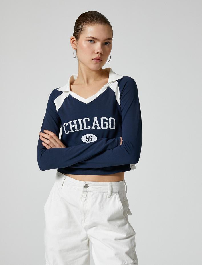  Crop Polo Yaka Tişört Uzun Kollu Renk Bloklu Kolej Temalı Pamuklu